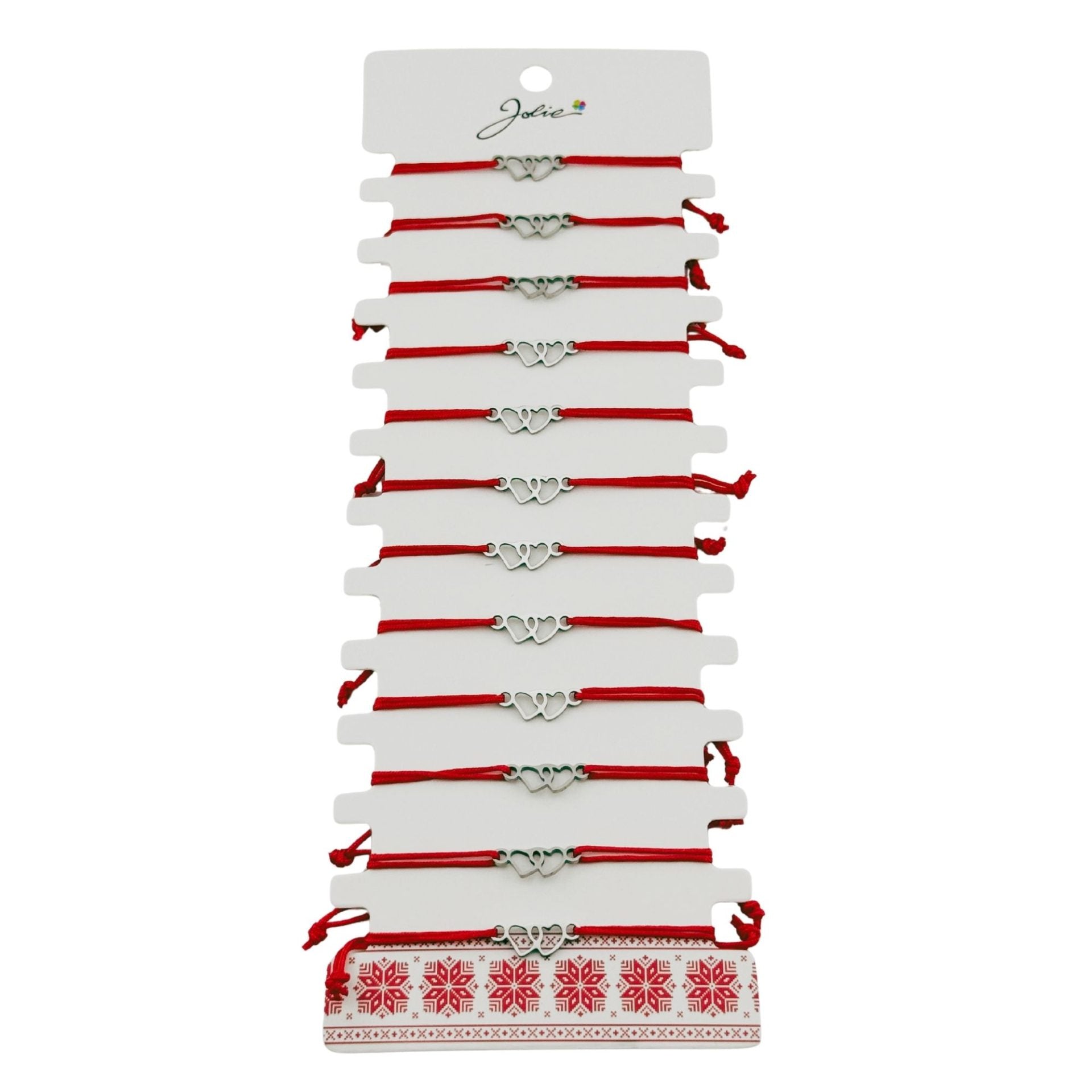 Bratara Martisor pentru Dama, Jolie, Model Doua Inimi, Set 12 bucati, Pandativ Argintiu din Inox cu Snur Rosu Ajustabil