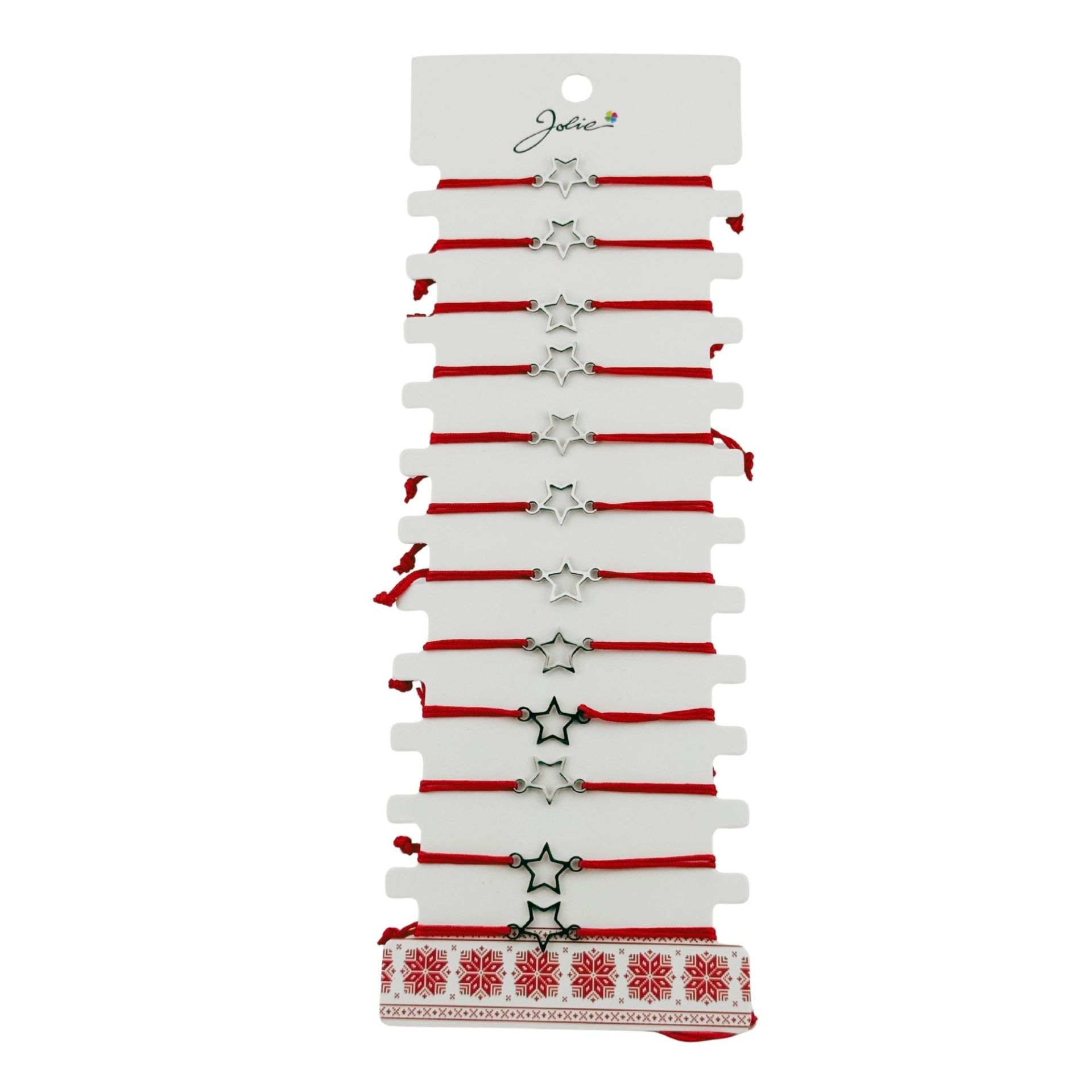 Bratara Martisor pentru Dama, Jolie, Model Stea, Set 12 bucati, Pandativ Argintiu din Inox cu Snur Rosu Ajustabil