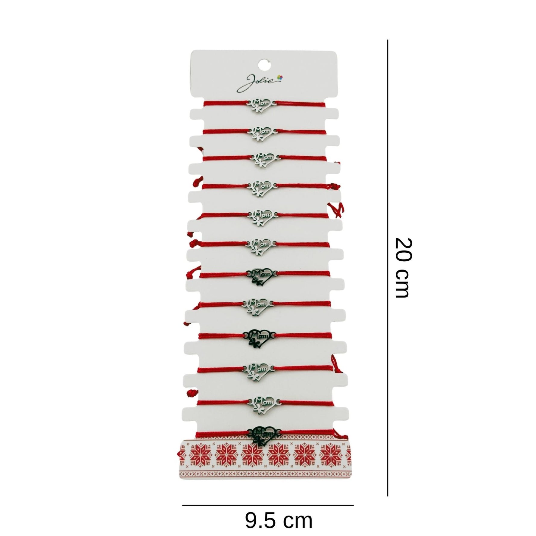 Bratara Martisor pentru Dama, Jolie, Model Inima cu Fluture, Set 12 bucati, Pandativ Argintiu din Inox cu Snur Rosu
