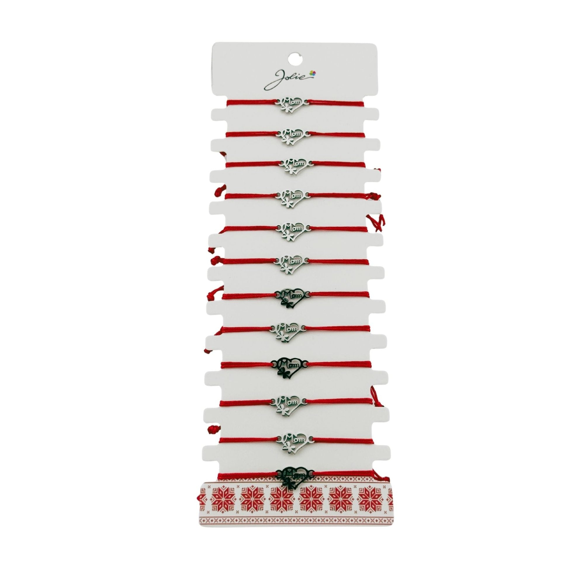 Bratara Martisor pentru Dama, Jolie, Model Inima cu Fluture, Set 12 bucati, Pandativ Argintiu din Inox cu Snur Rosu