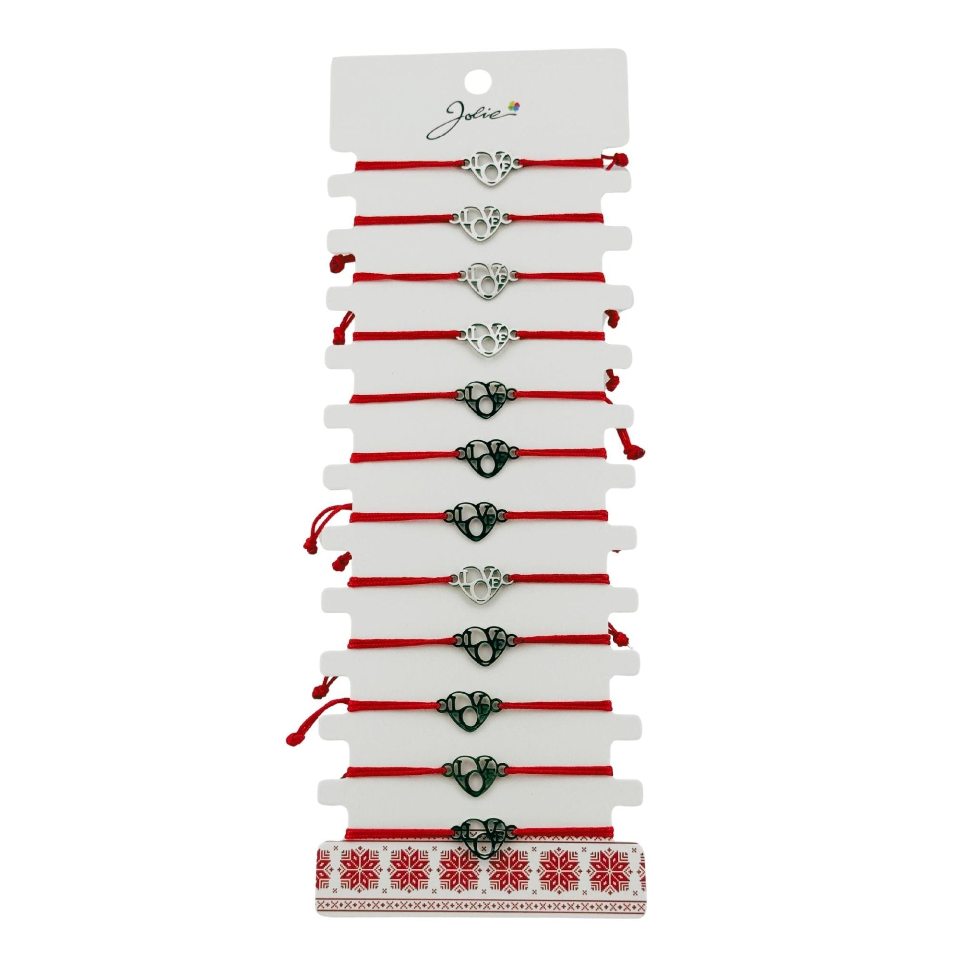 Bratara Martisor pentru Dama, Jolie, Model Inima Love, Set 12 bucati, Pandativ Argintiu din Inox cu Snur Rosu Ajustabil