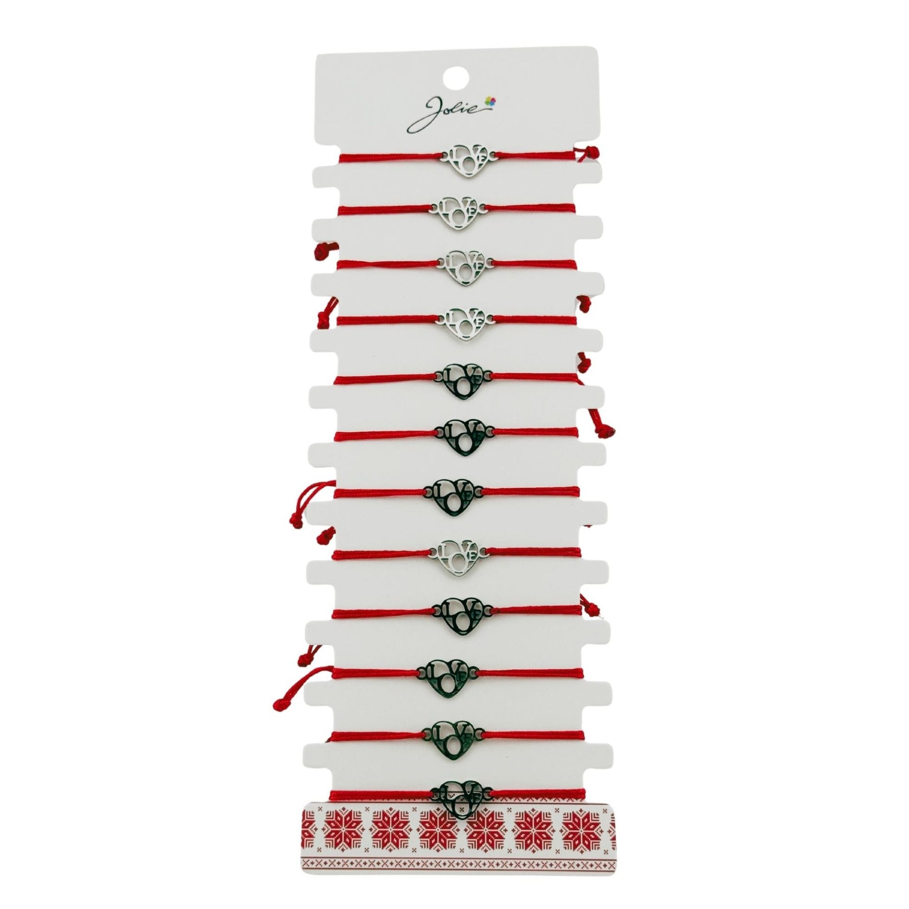 Bratara Martisor pentru Dama, Jolie, Model Inima Love, Set 12 bucati, Pandativ Argintiu din Inox cu Snur Rosu Ajustabil