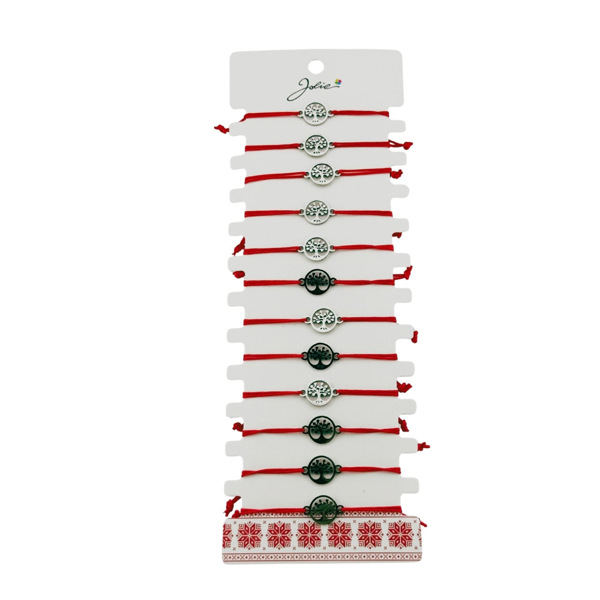 Bratara Martisor pentru Dama, Jolie, Model Copac in Cerc, Set 12 bucati, Pandativ Argintiu din Inox cu Snur Rosu
