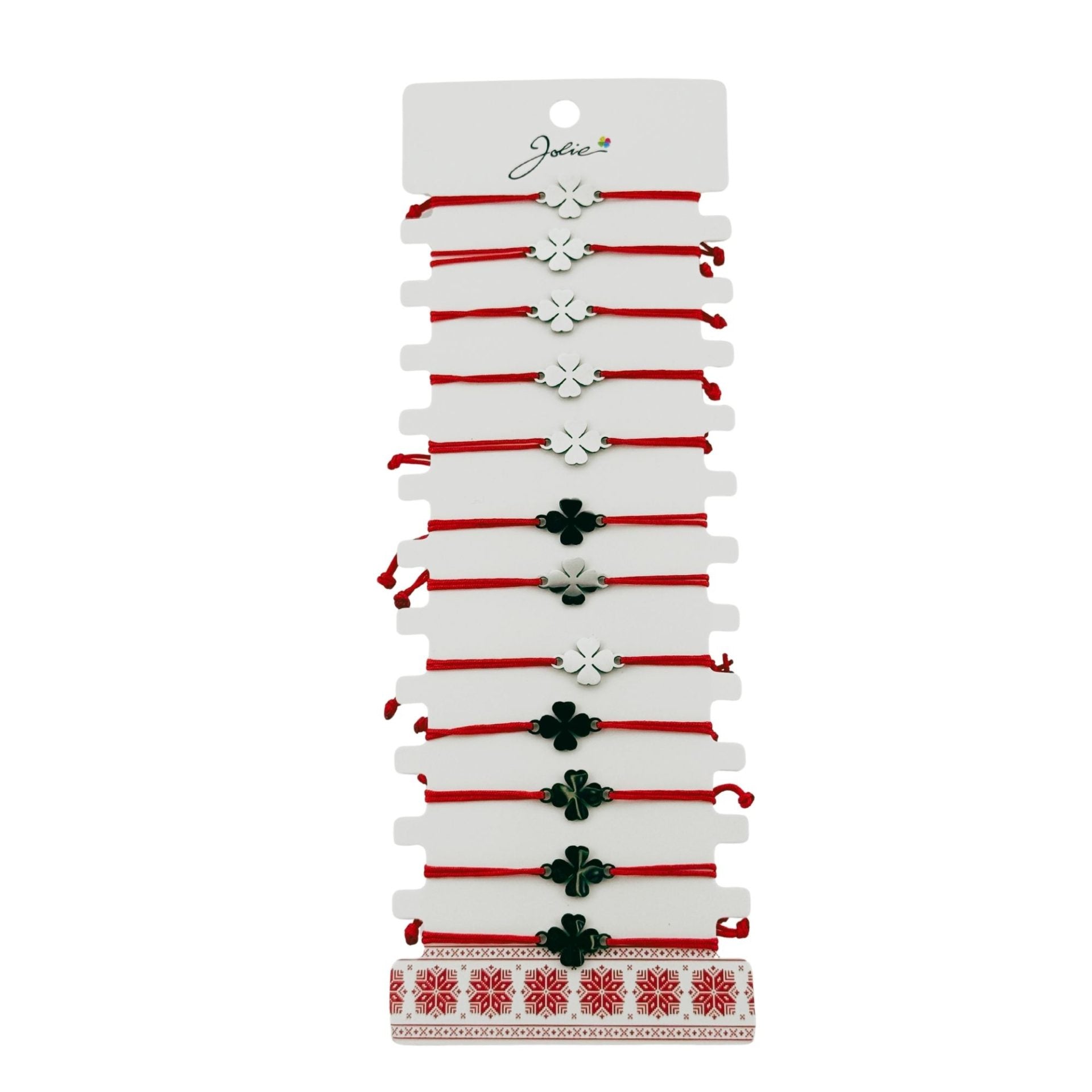 Bratara Martisor pentru Dama, Jolie, Model Trifoi cu 4 Foi, Set 12 bucati, Pandativ Argintiu din Inox cu Snur Rosu