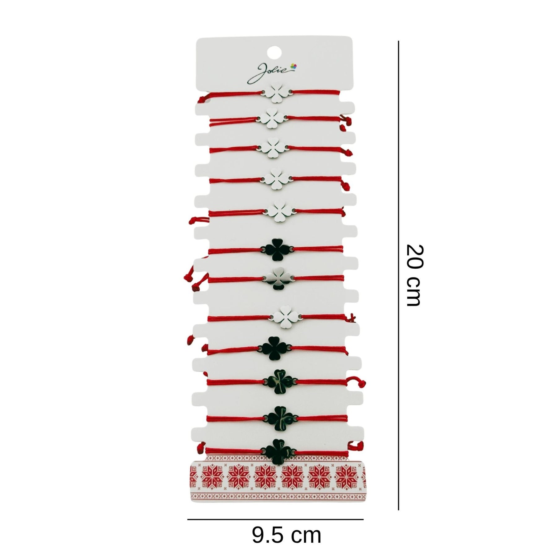 Bratara Martisor pentru Dama, Jolie, Model Trifoi cu 4 Foi, Set 12 bucati, Pandativ Argintiu din Inox cu Snur Rosu