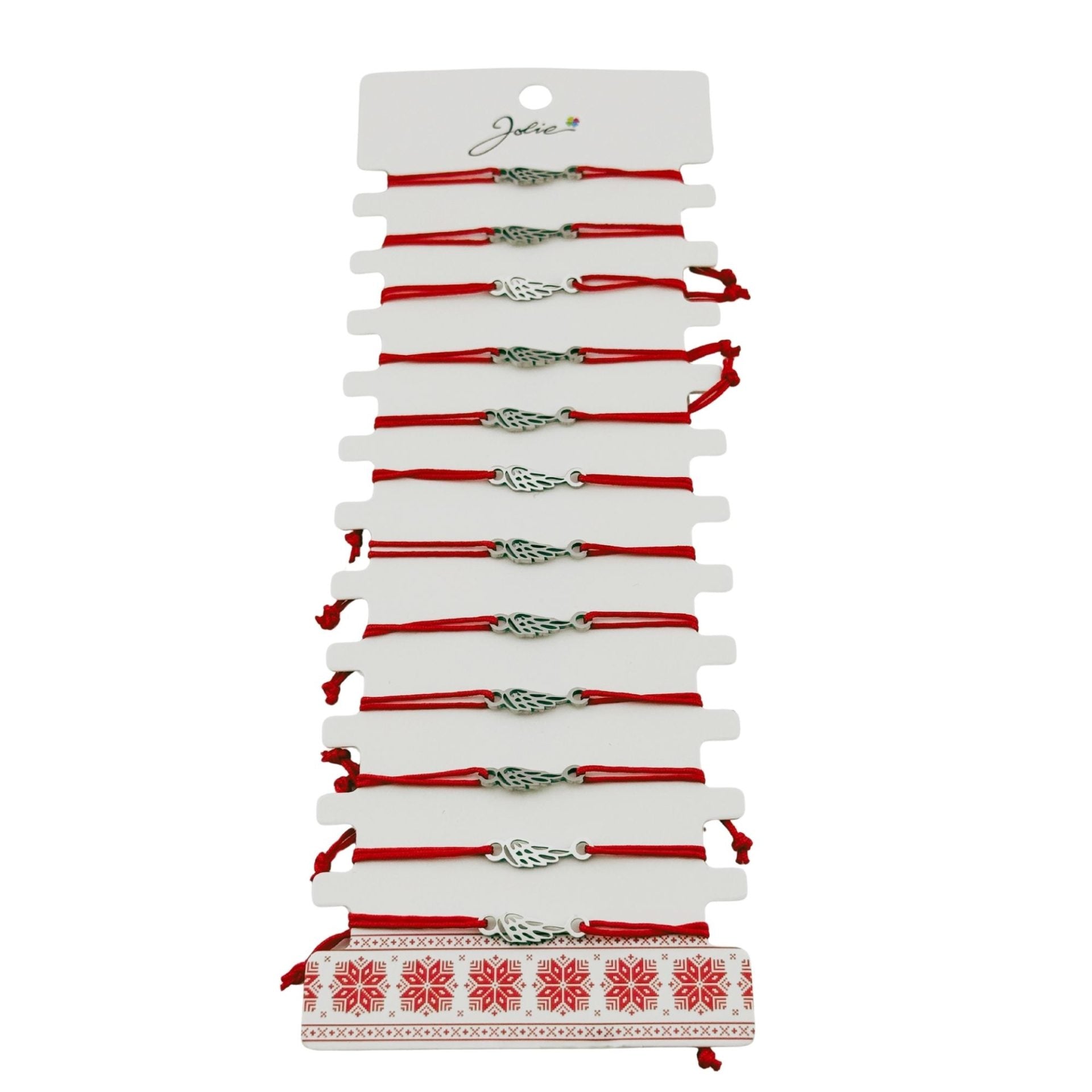 Bratara Martisor pentru Dama, Jolie, Model Aripa, Set 12 bucati, Pandativ Argintiu din Inox cu Snur Rosu Ajustabil