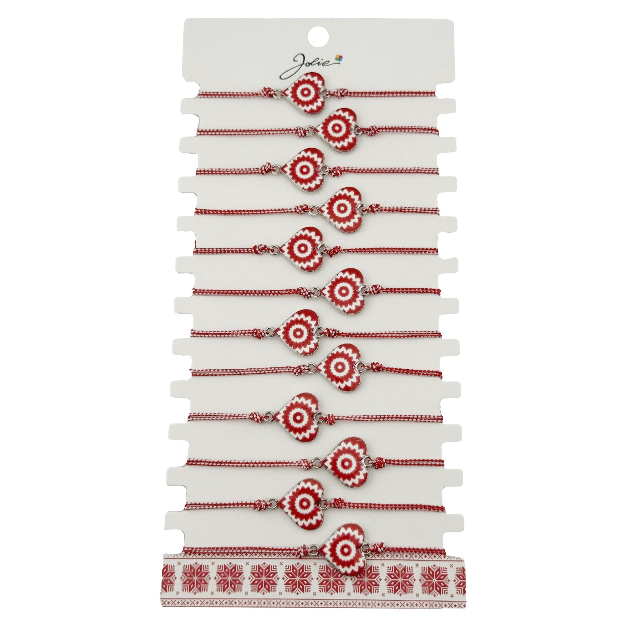 Bratara Martisor pentru Dama, Jolie, Model Inima, Set 12 bucati, Pandativ din Aliaj cu Print Traditional, Snur
