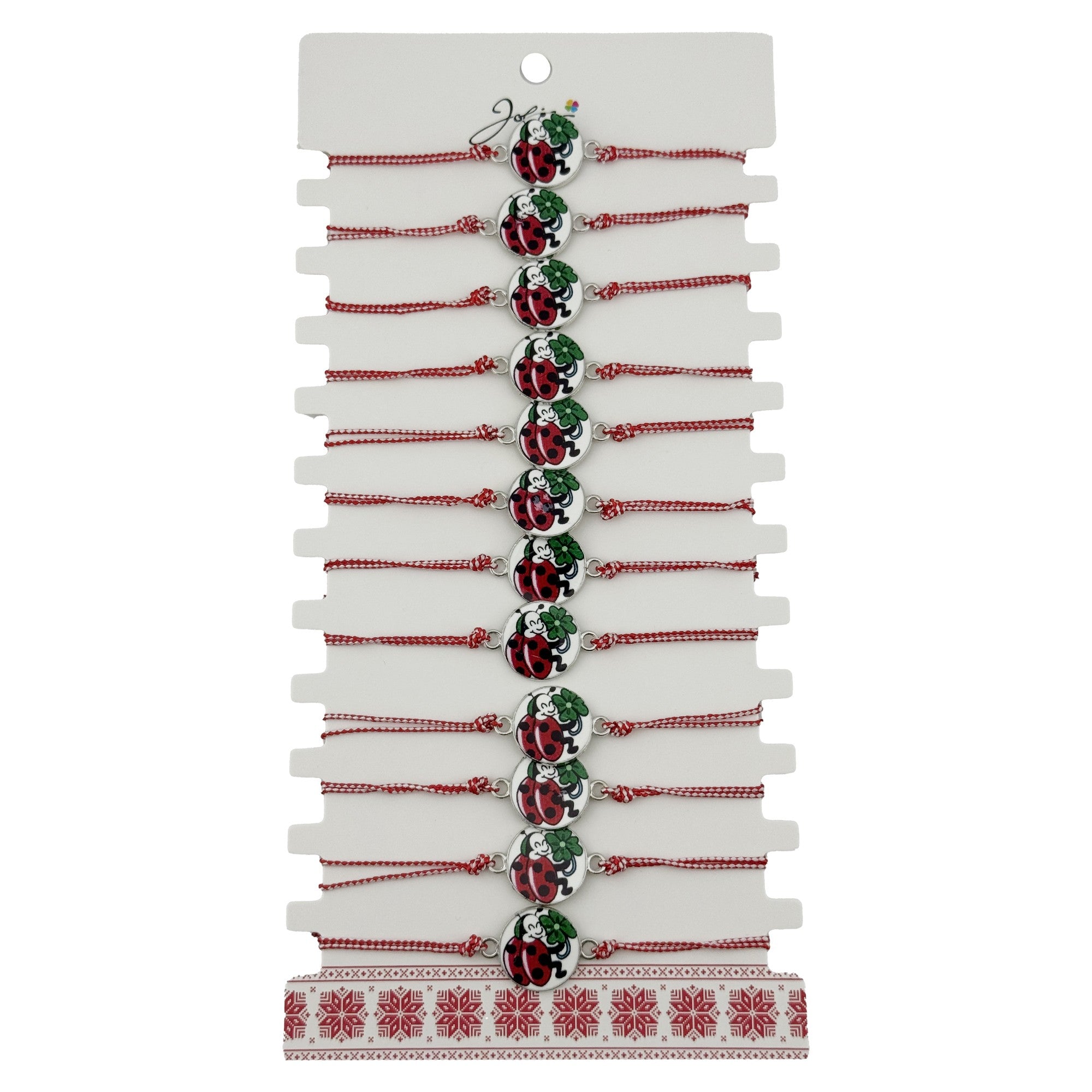 Bratara Martisor pentru Dama, Jolie, Model Buburuza cu Trifoi, Set 12 bucati, Pandativ Alb cu Print Traditional, Snur