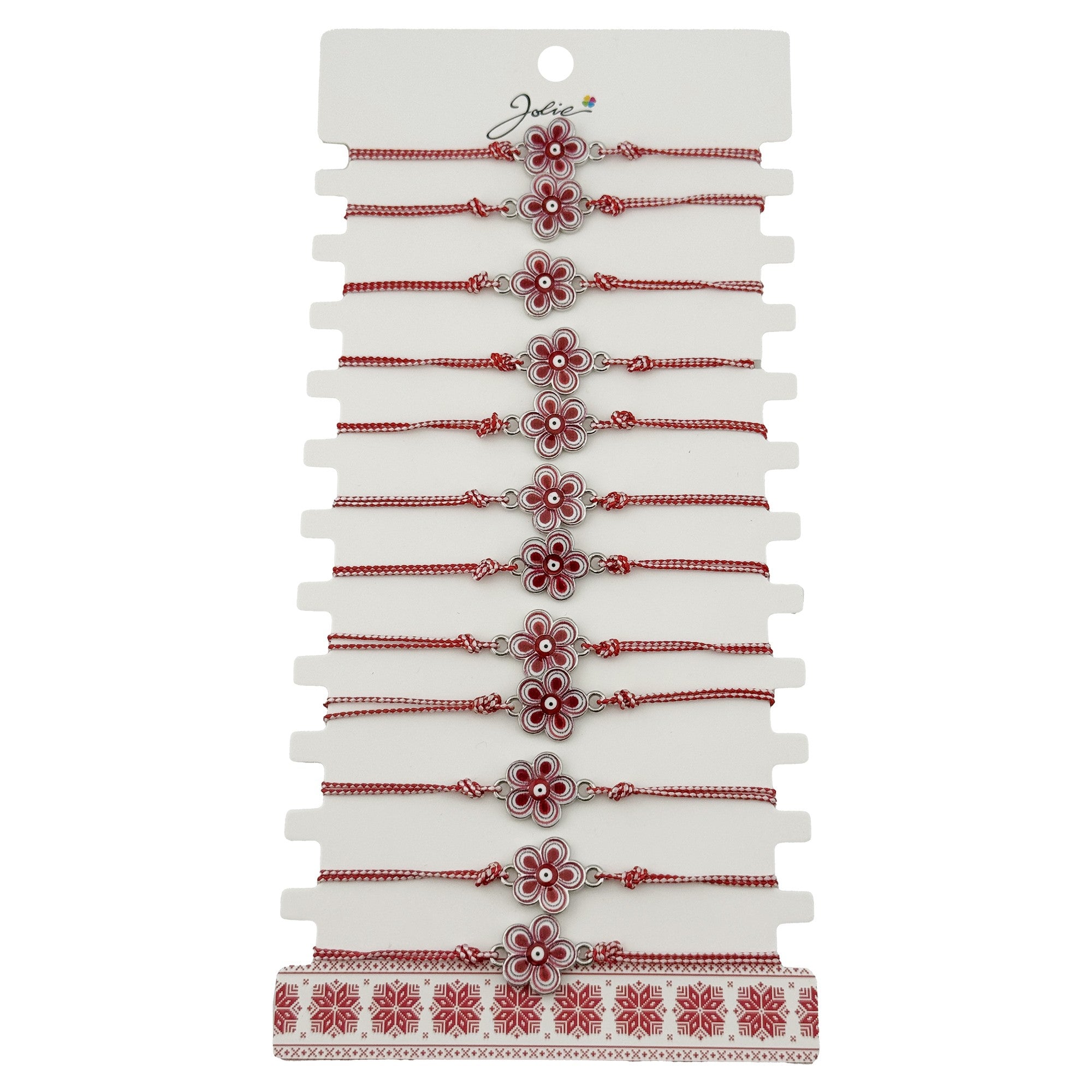 Bratara Martisor pentru Dama, Jolie, Model Floare, Set 12 bucati, Pandativ din Aliaj cu Print Traditional, Snur