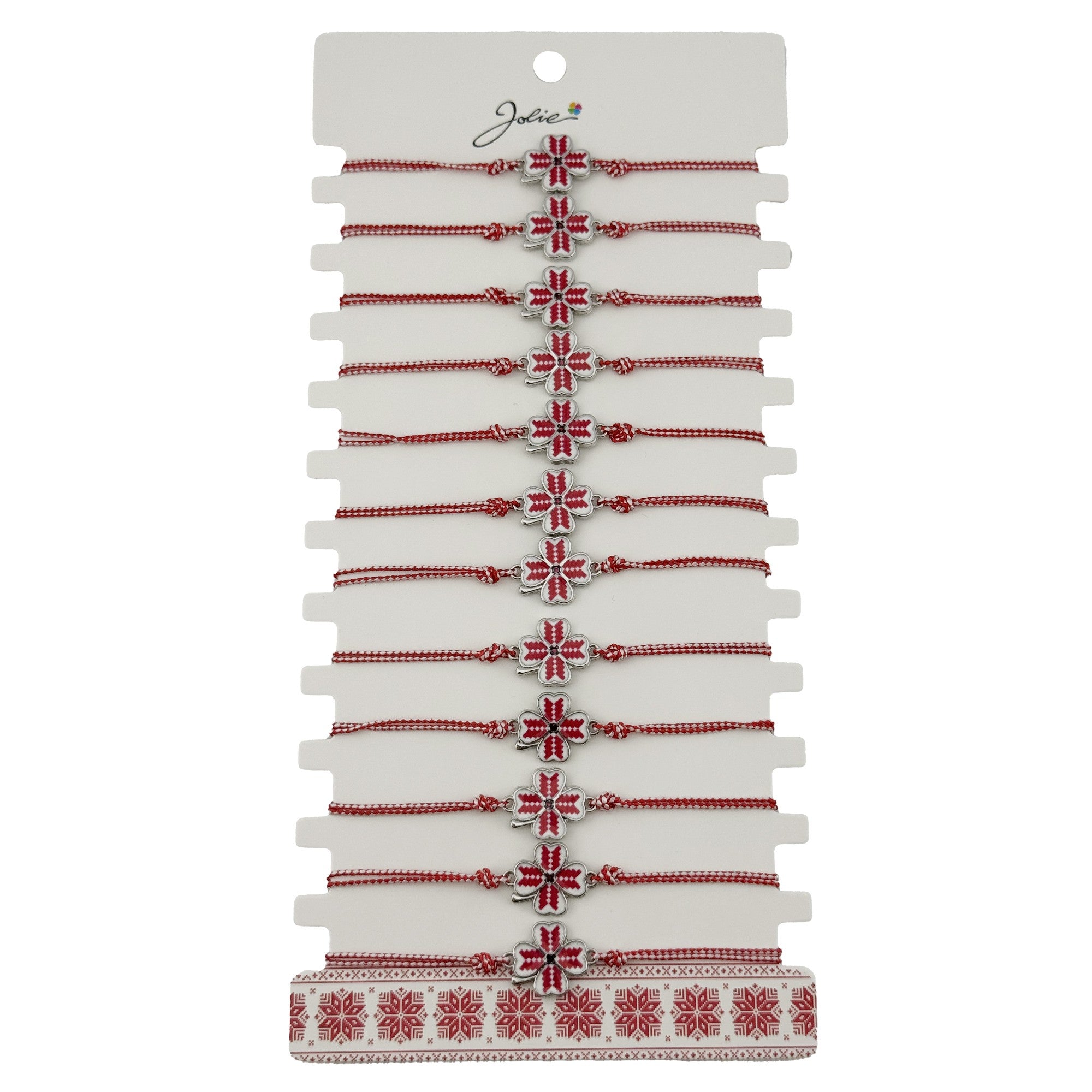 Bratara Martisor pentru Dama, Jolie, Model Trifoi, Set 12 bucati, Pandativ din Aliaj cu Print Traditional, Snur