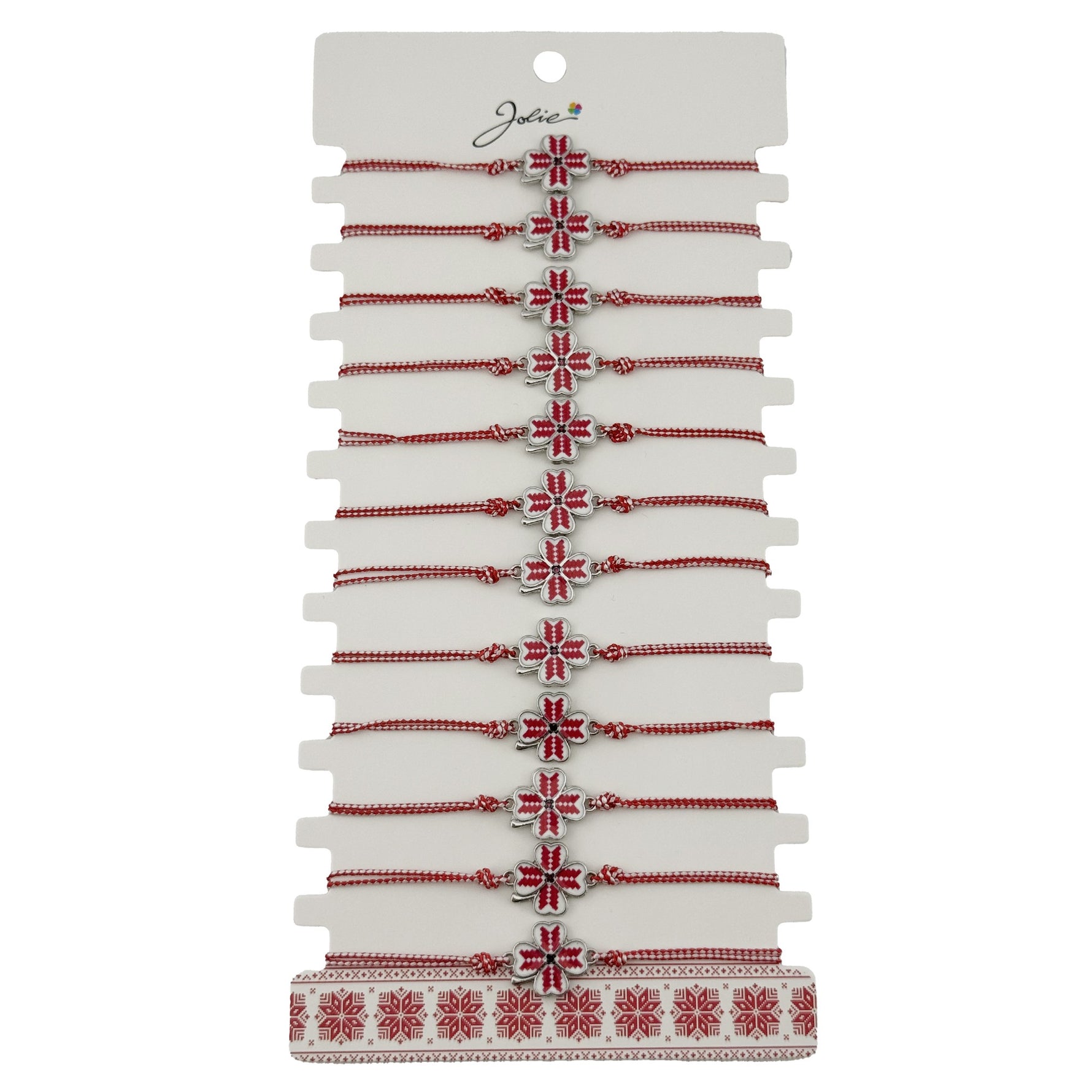 Bratara Martisor pentru Dama, Jolie, Model Trifoi, Set 12 bucati, Pandativ din Aliaj cu Print Traditional, Snur