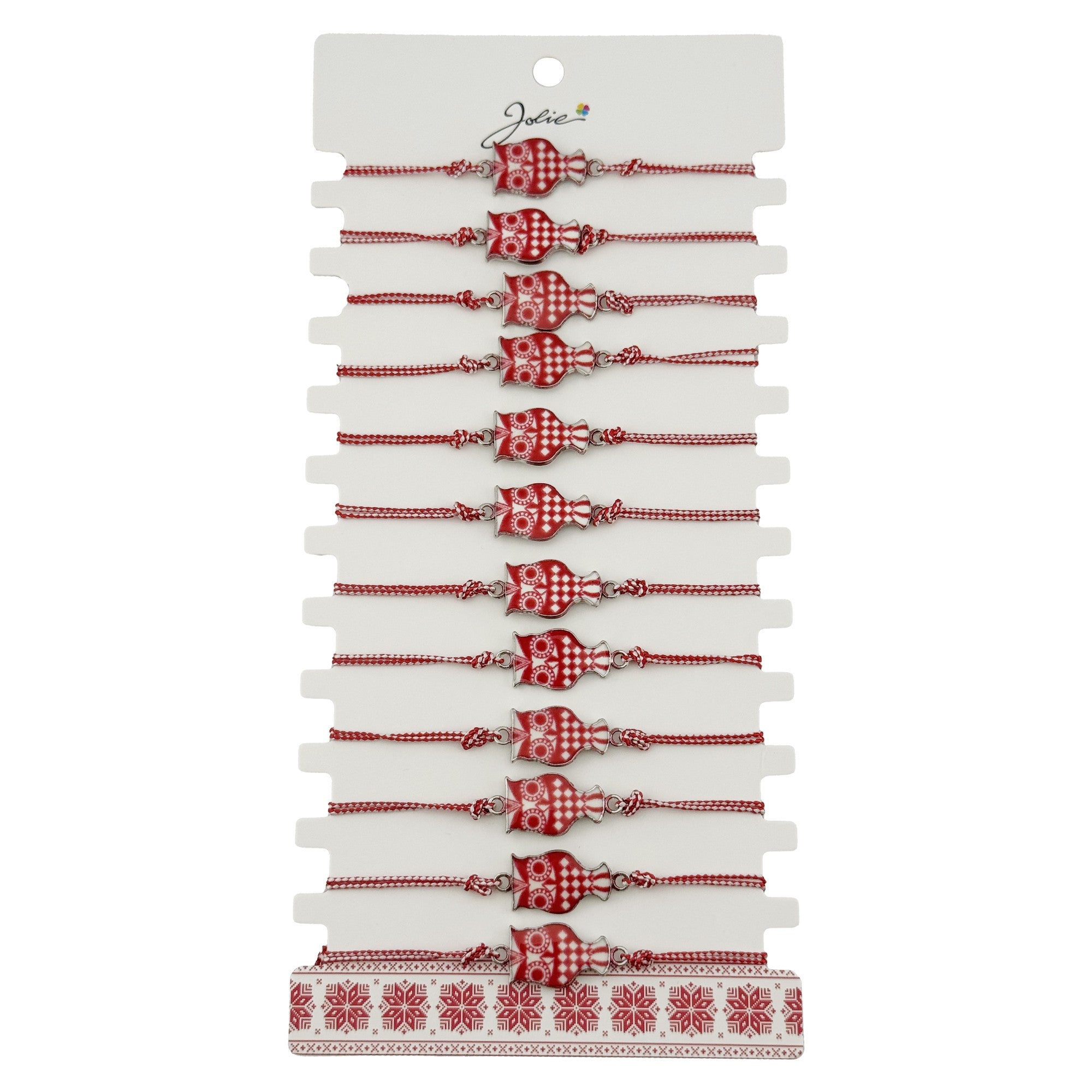 Bratara Martisor pentru Dama, Jolie, Model Bufnita, Set 12 bucati, Pandativ din Aliaj cu Print Traditional, Snur