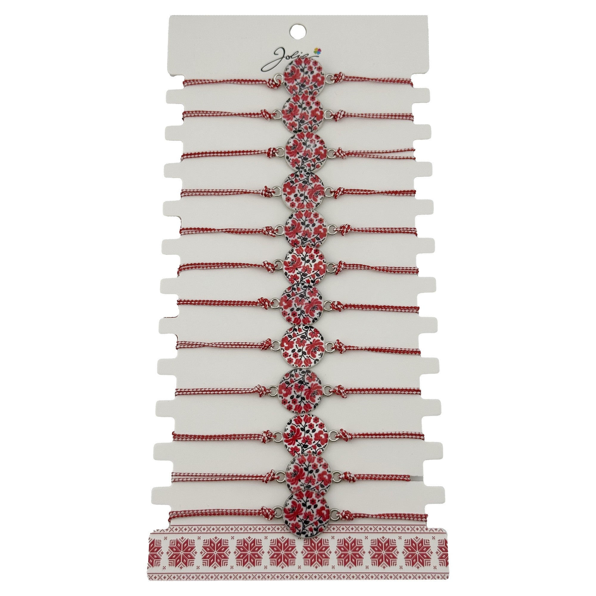 Bratara Martisor pentru Dama, Jolie, Model Rotund cu Flori, Set 12 bucati, Pandativ din Aliaj, cu Print Traditional,
