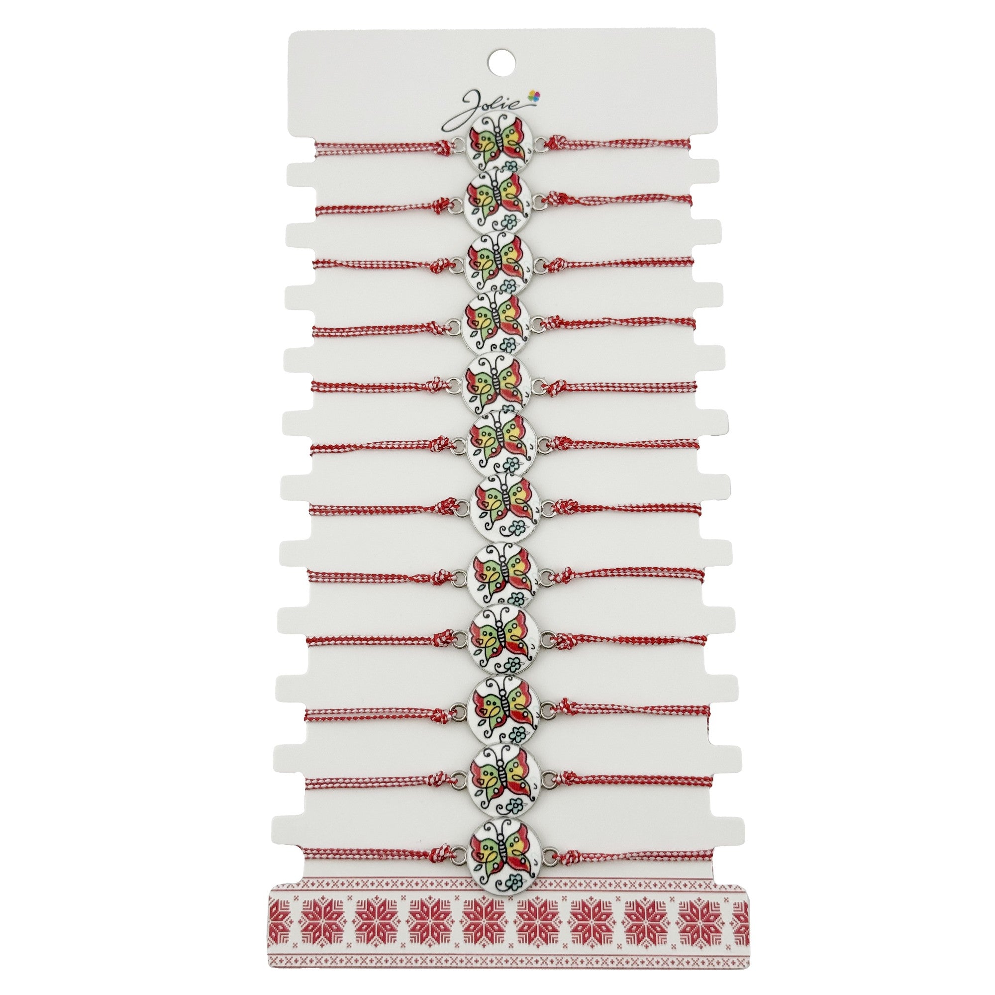 Bratara Martisor pentru Dama, Jolie, Model Fluture, Set 12 bucati, Pandativ din Aliaj cu Print Traditional, Snur