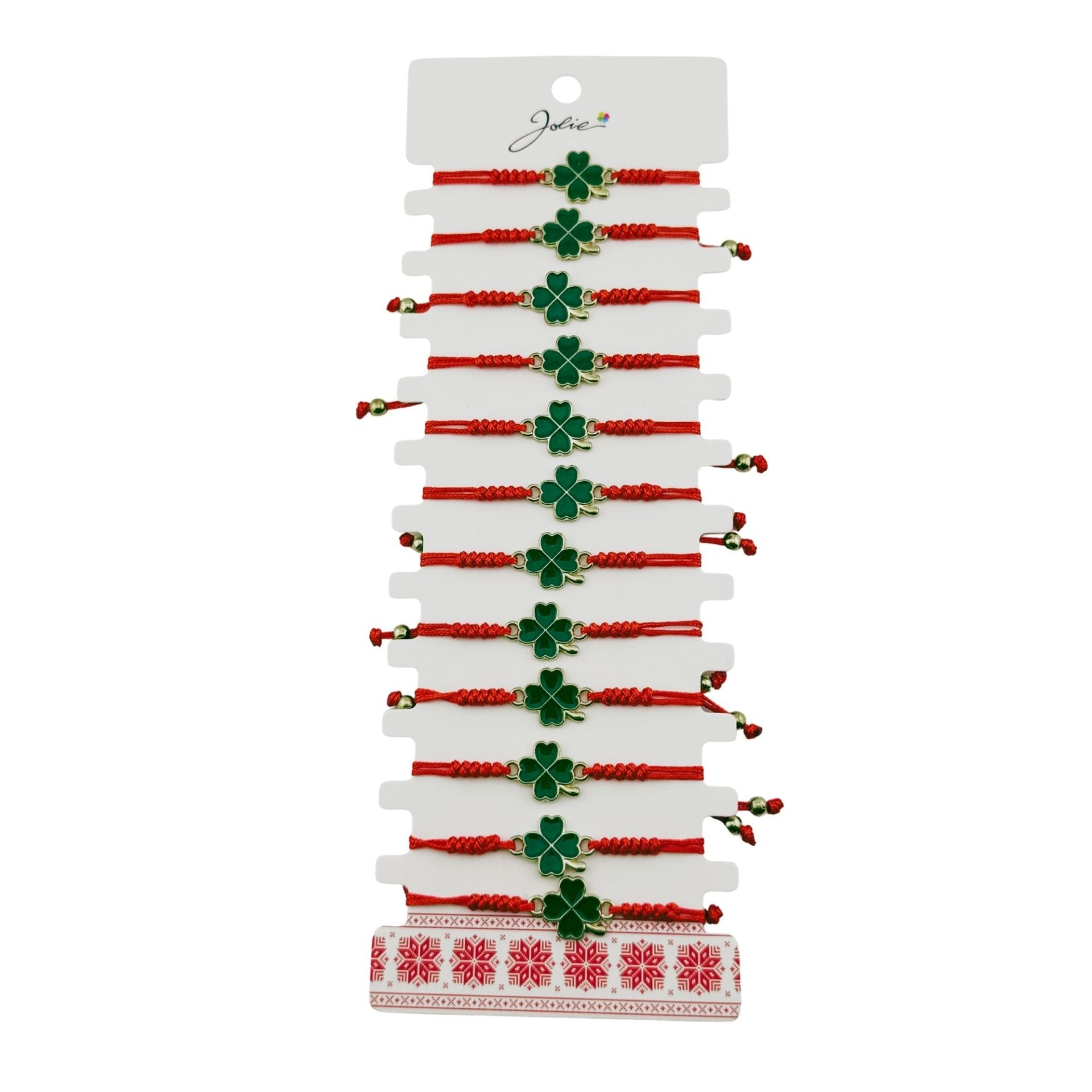 Bratara Martisor pentru Dama, Jolie, Model Trifoi, Set 12 bucati, Pandativ Auriu din Inox cu Snur Rosu Ajustabil