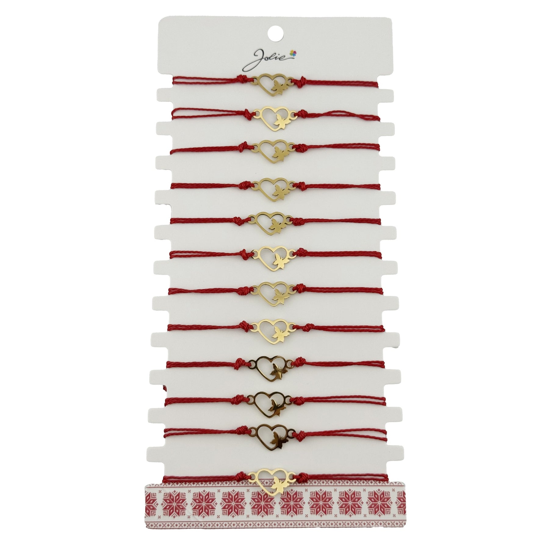 Bratara Martisor pentru Dama, Jolie, Model Inima cu Fluture, Set 12 bucati, Pandativ Auriu din Inox cu Snur Rosu