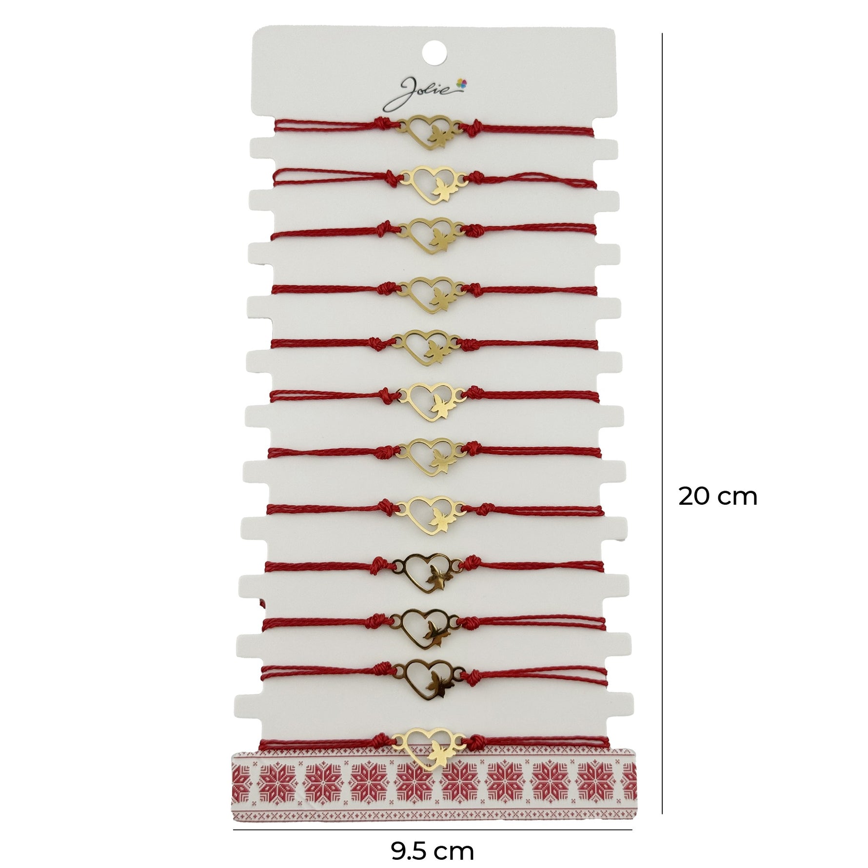 Bratara Martisor pentru Dama, Jolie, Model Inima cu Fluture, Set 12 bucati, Pandativ Auriu din Inox cu Snur Rosu