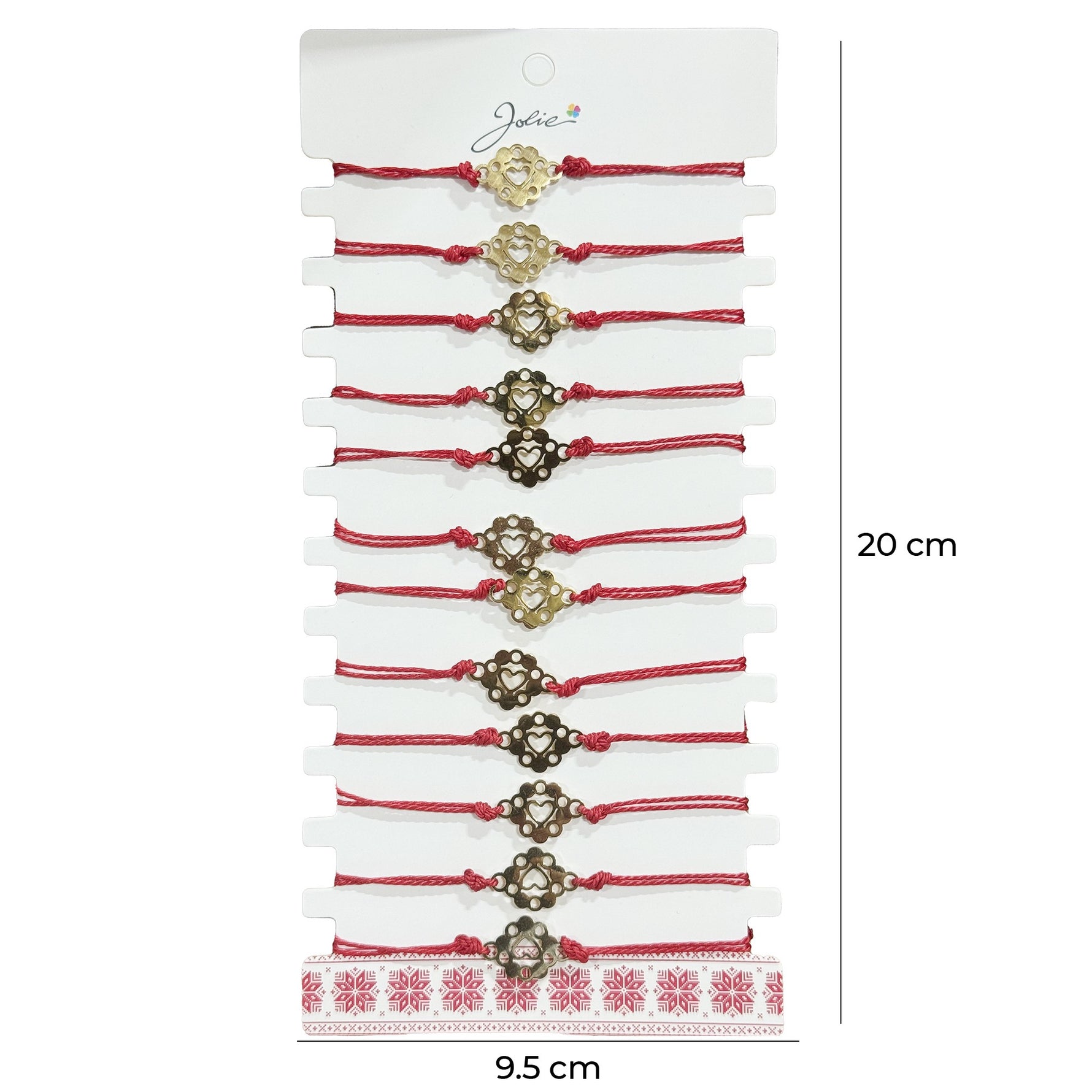 Bratara Martisor pentru Dama, Jolie, Model Inima in Floare, Set 12 bucati, Pandativ Auriu din Inox cu Snur Rosu
