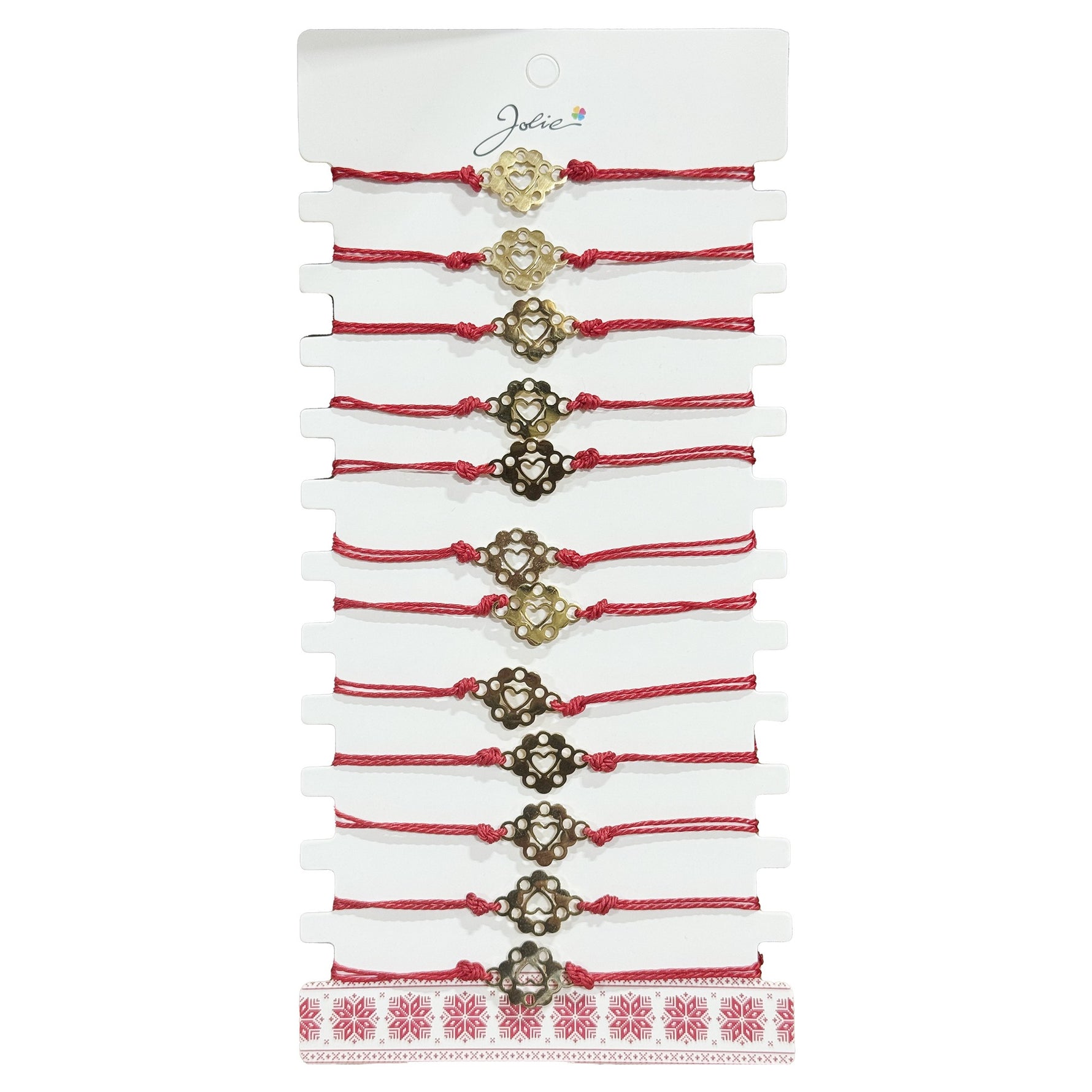 Bratara Martisor pentru Dama, Jolie, Model Inima in Floare, Set 12 bucati, Pandativ Auriu din Inox cu Snur Rosu