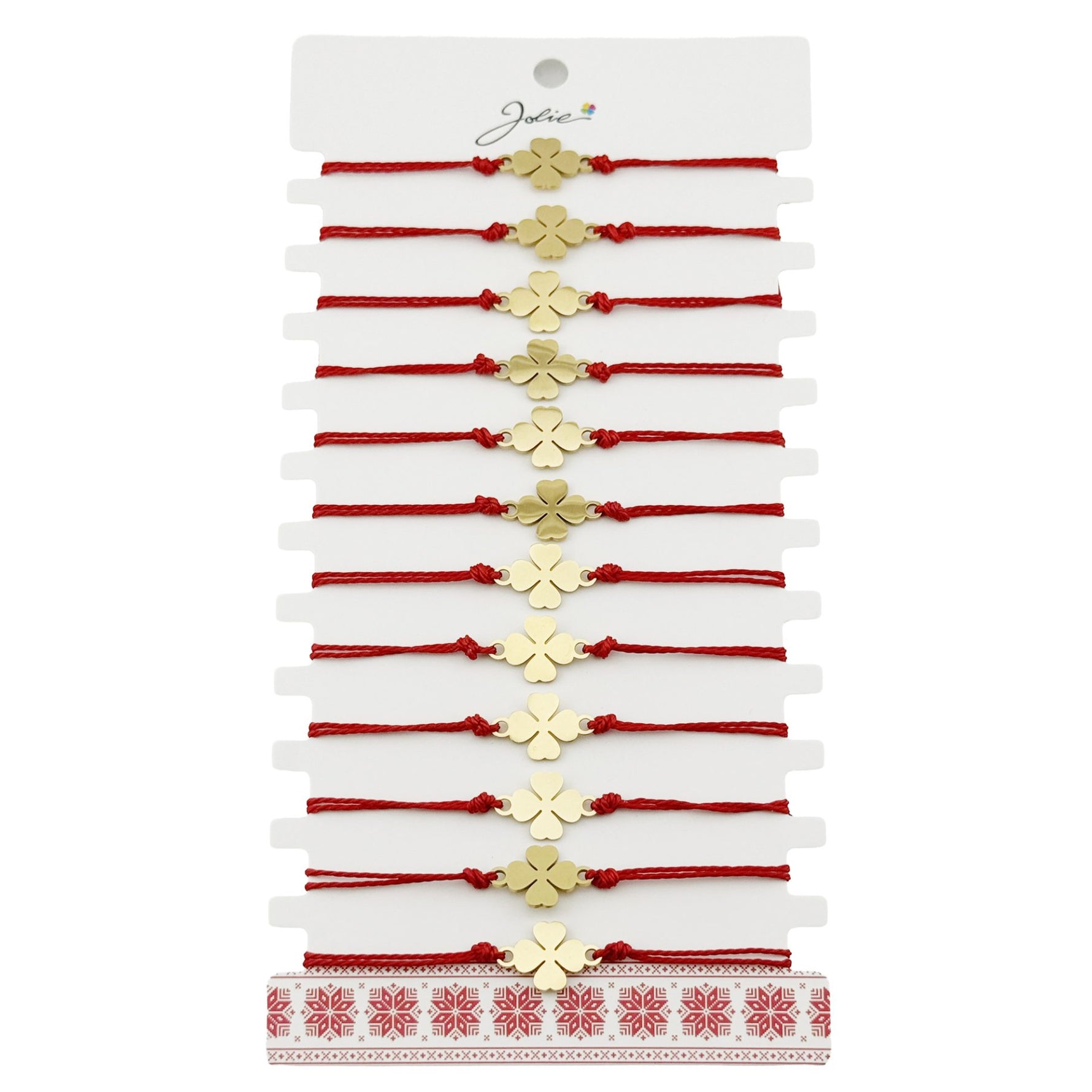 Bratara Martisor pentru Dama, Jolie, Model Trifoi, Set 12 bucati, Pandativ din Inox Auriu, Snur Ajustabil Impletit, Rosu