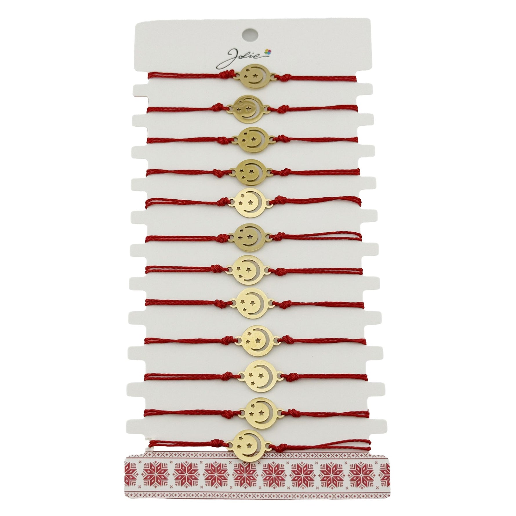 Bratara Martisor pentru Dama, Jolie, Model Luna cu Stele, Set 12 bucati, Pandativ din Inox Auriu, Snur Ajustabil