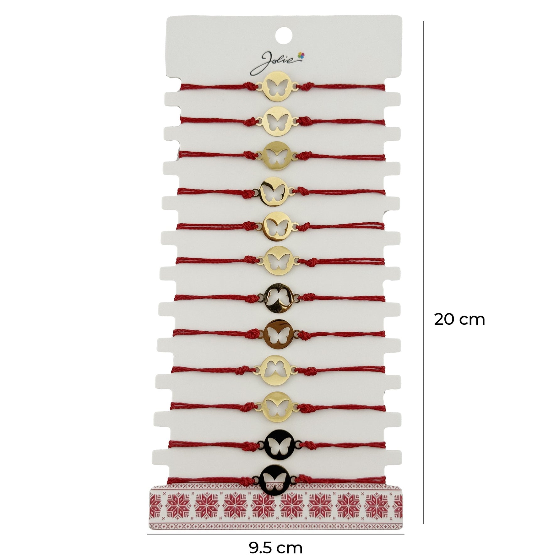 Bratara Martisor pentru Dama, Jolie, Model Fluture in Moneda, Set 12 bucati, Pandativ Auriu din Inox cu Snur Rosu