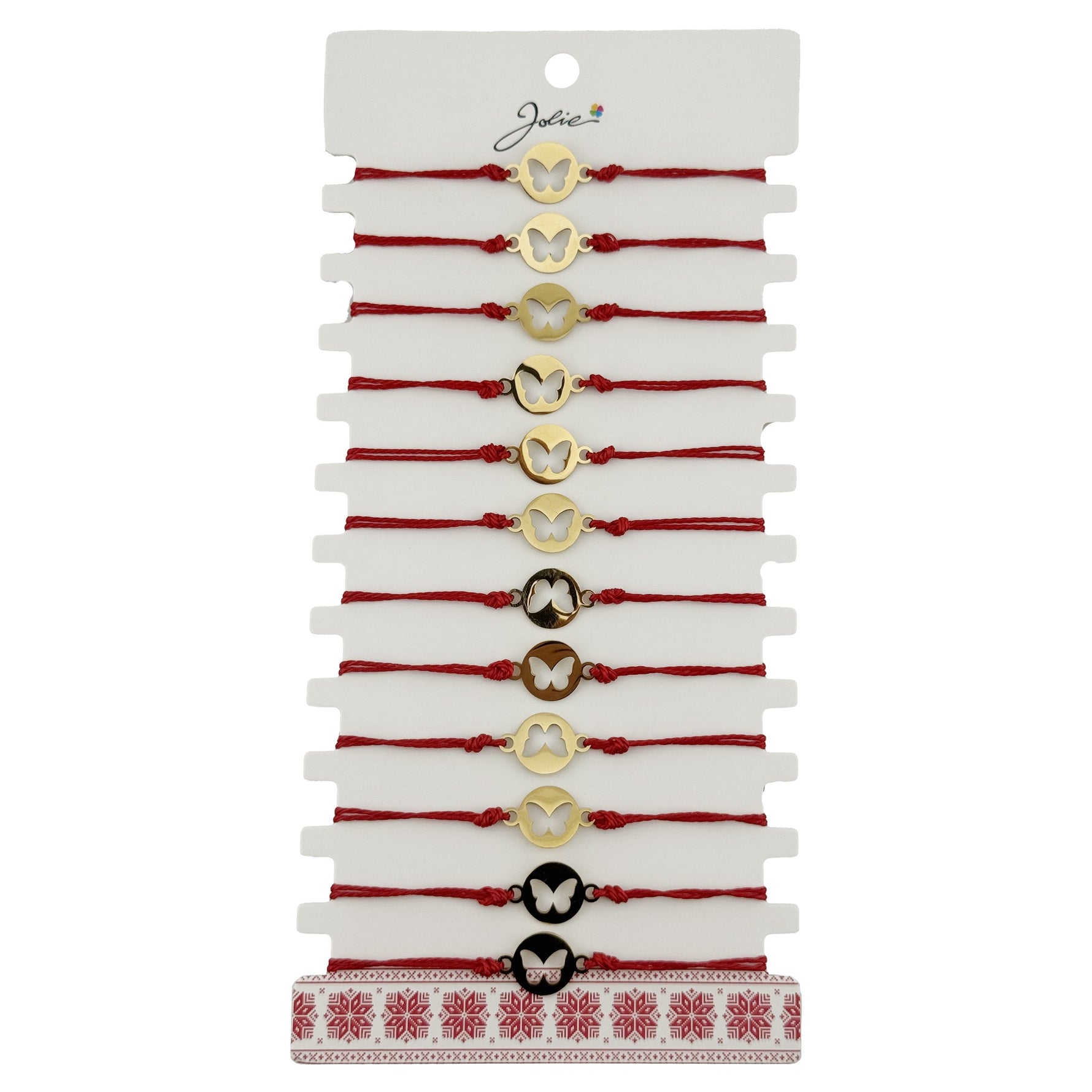 Bratara Martisor pentru Dama, Jolie, Model Fluture in Moneda, Set 12 bucati, Pandativ Auriu din Inox cu Snur Rosu