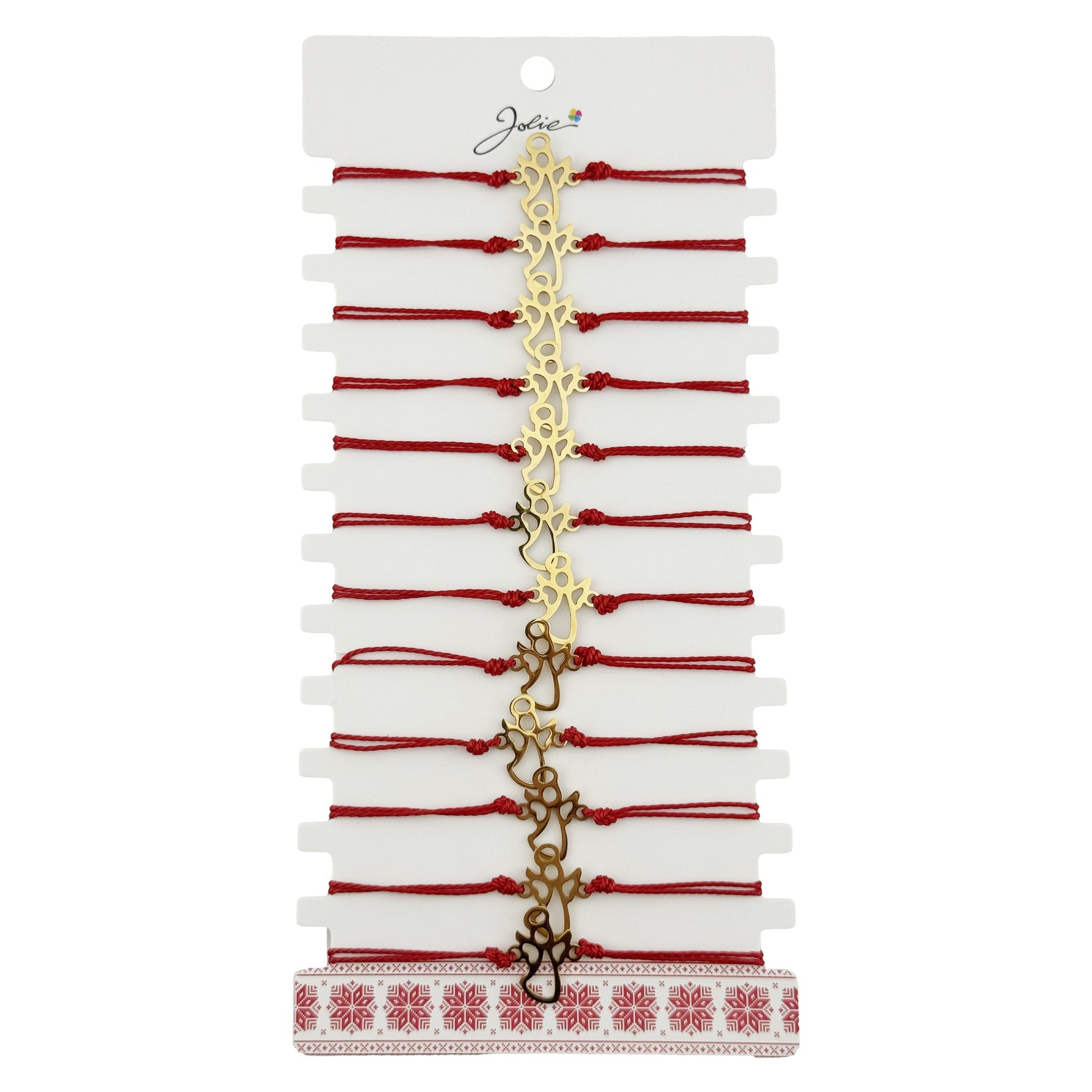 Bratara Martisor pentru Dama, Jolie, Model Ingeras, Set 12 bucati, Pandativ Auriu din Inox cu Snur Rosu Ajustabil