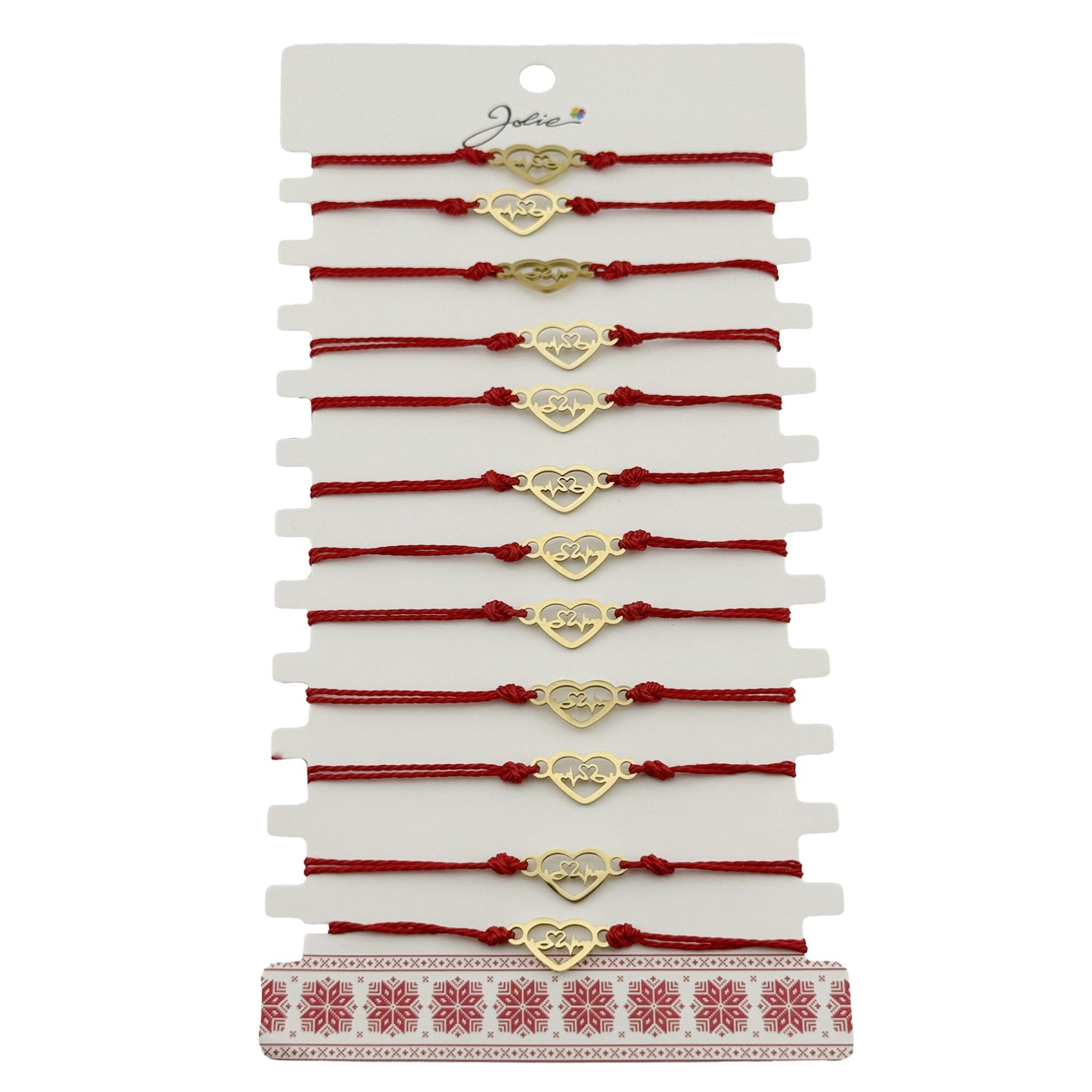 Bratara Martisor pentru Dama, Jolie, Model Inima, Set 12 bucati, Pandativ din Inox Auriu, Snur Ajustabil Impletit, Rosu