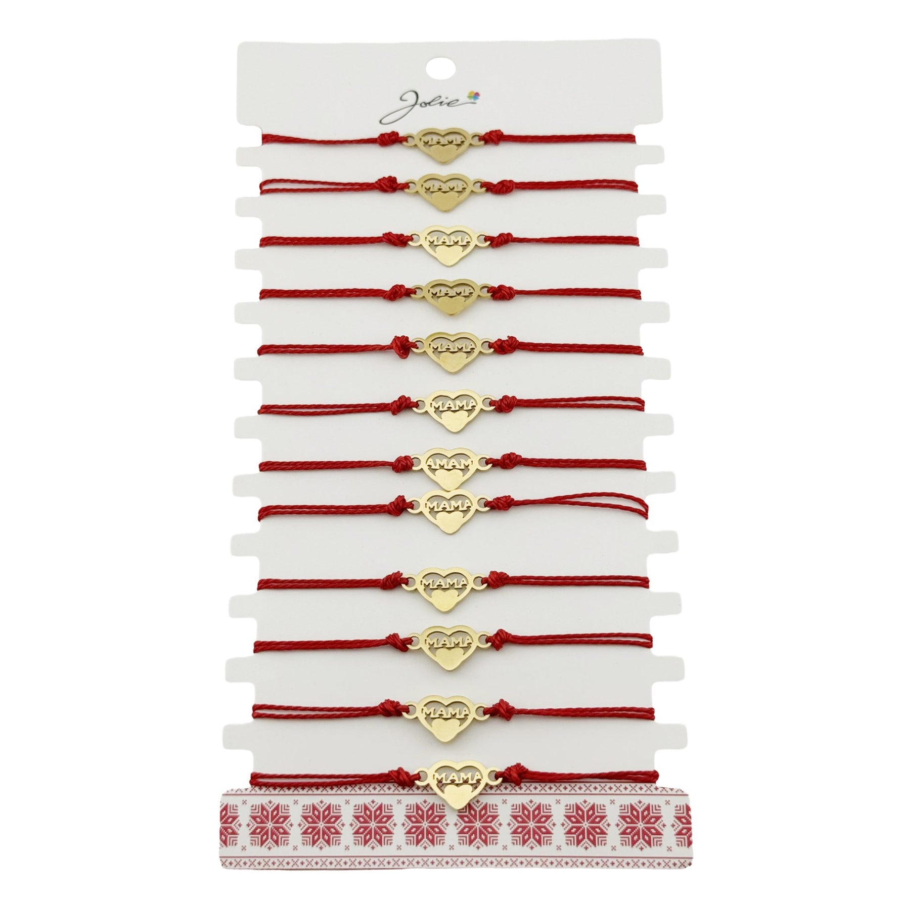 Bratara Martisor pentru Dama, Jolie, Model Inima Mama, Set 12 bucati, Pandativ din Inox Auriu, Snur Ajustabil Impletit,