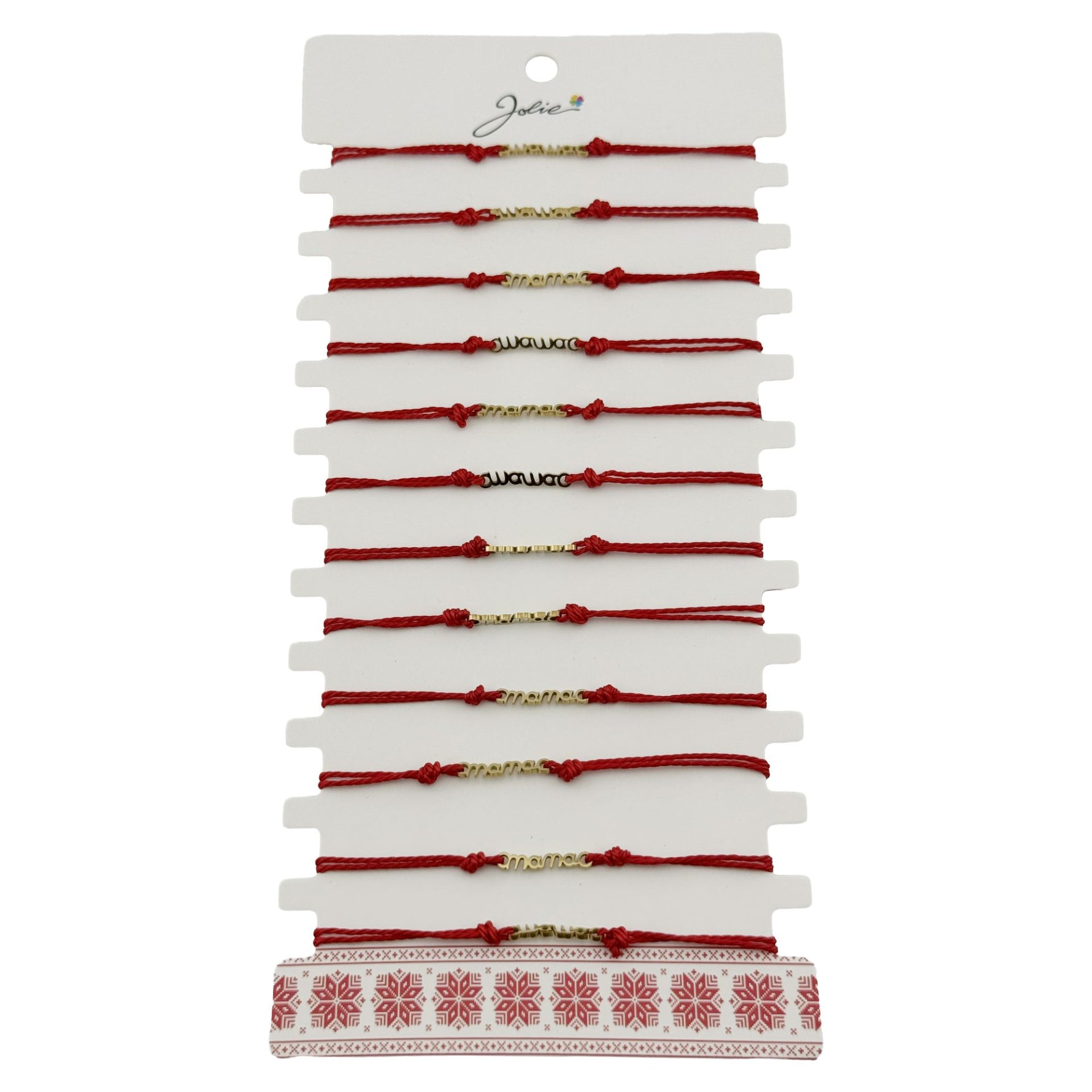 Bratara Martisor pentru Dama, Jolie, Model Mama, Set 12 bucati, Pandativ din Inox Auriu, Snur Ajustabil Impletit, Rosu