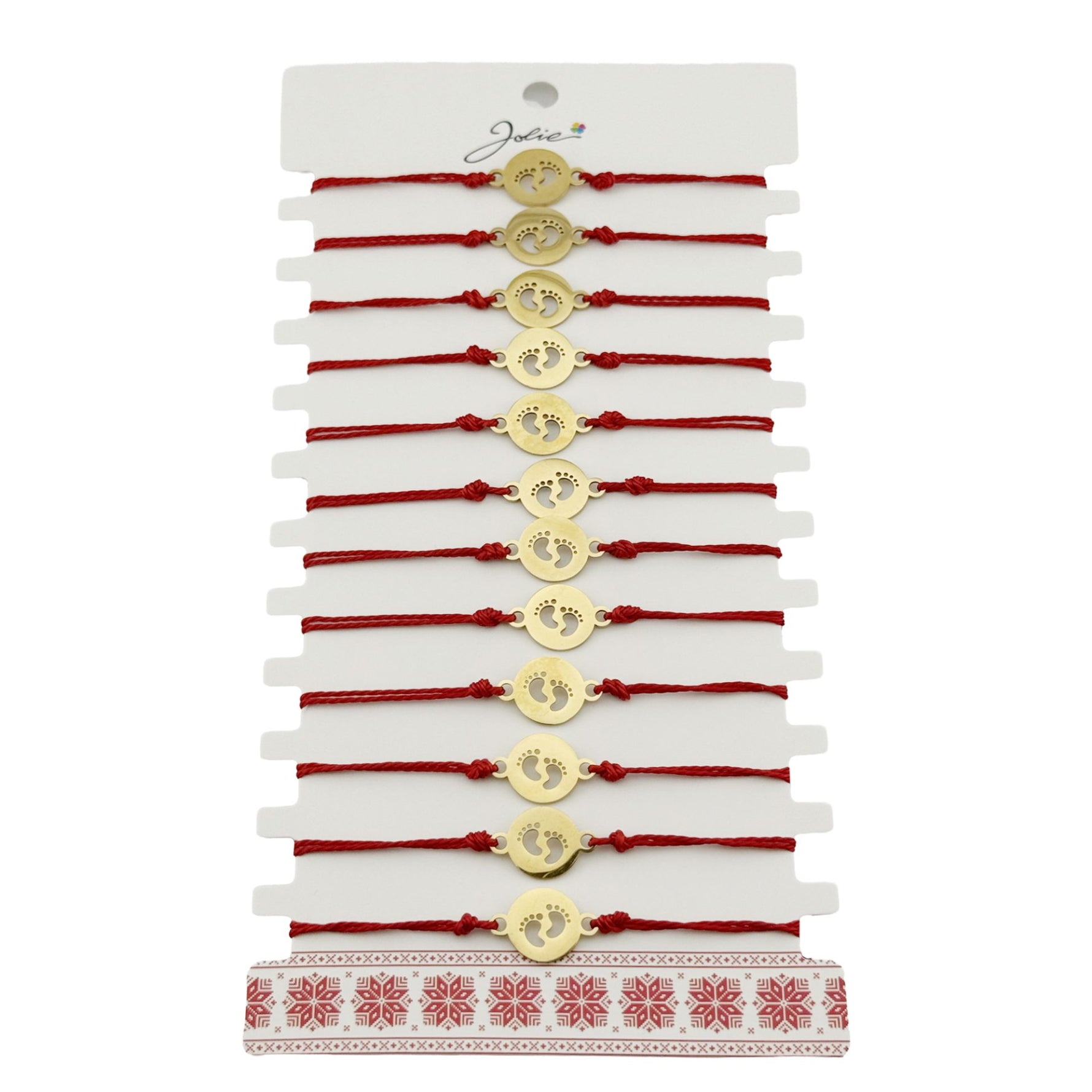 Bratara Martisor pentru Dama, Jolie, Model Picioruse, Set 12 bucati, Pandativ din Inox Auriu, Snur Ajustabil Impletit,