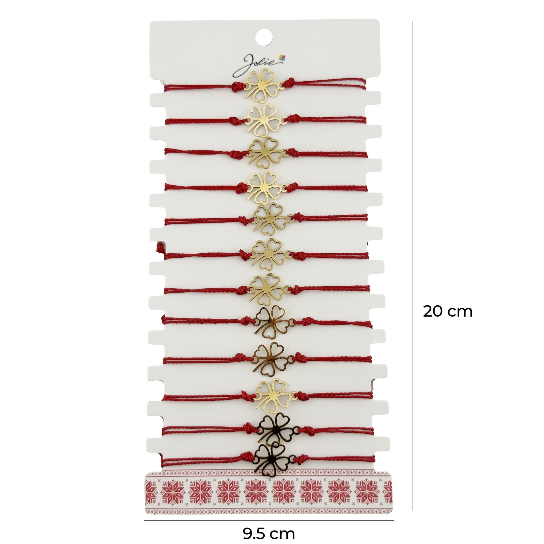 Bratara Martisor pentru Dama, Jolie, Model Trifoi in Contur, Set 12 bucati, Pandativ Auriu din Inox cu Snur Rosu