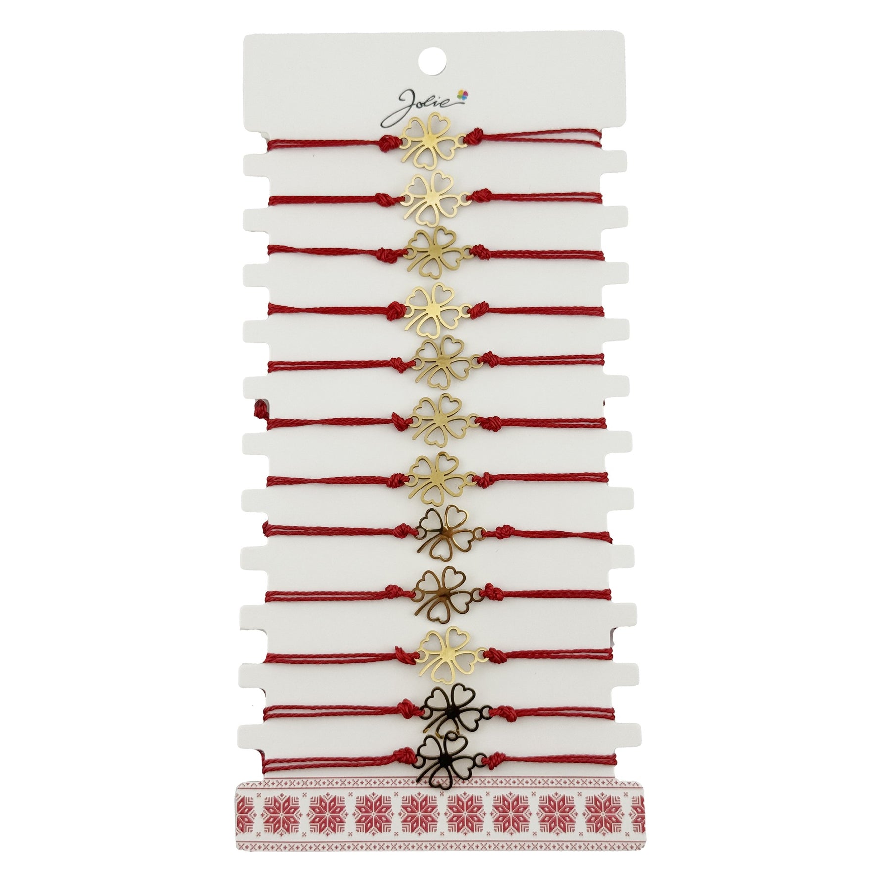 Bratara Martisor pentru Dama, Jolie, Model Trifoi in Contur, Set 12 bucati, Pandativ Auriu din Inox cu Snur Rosu