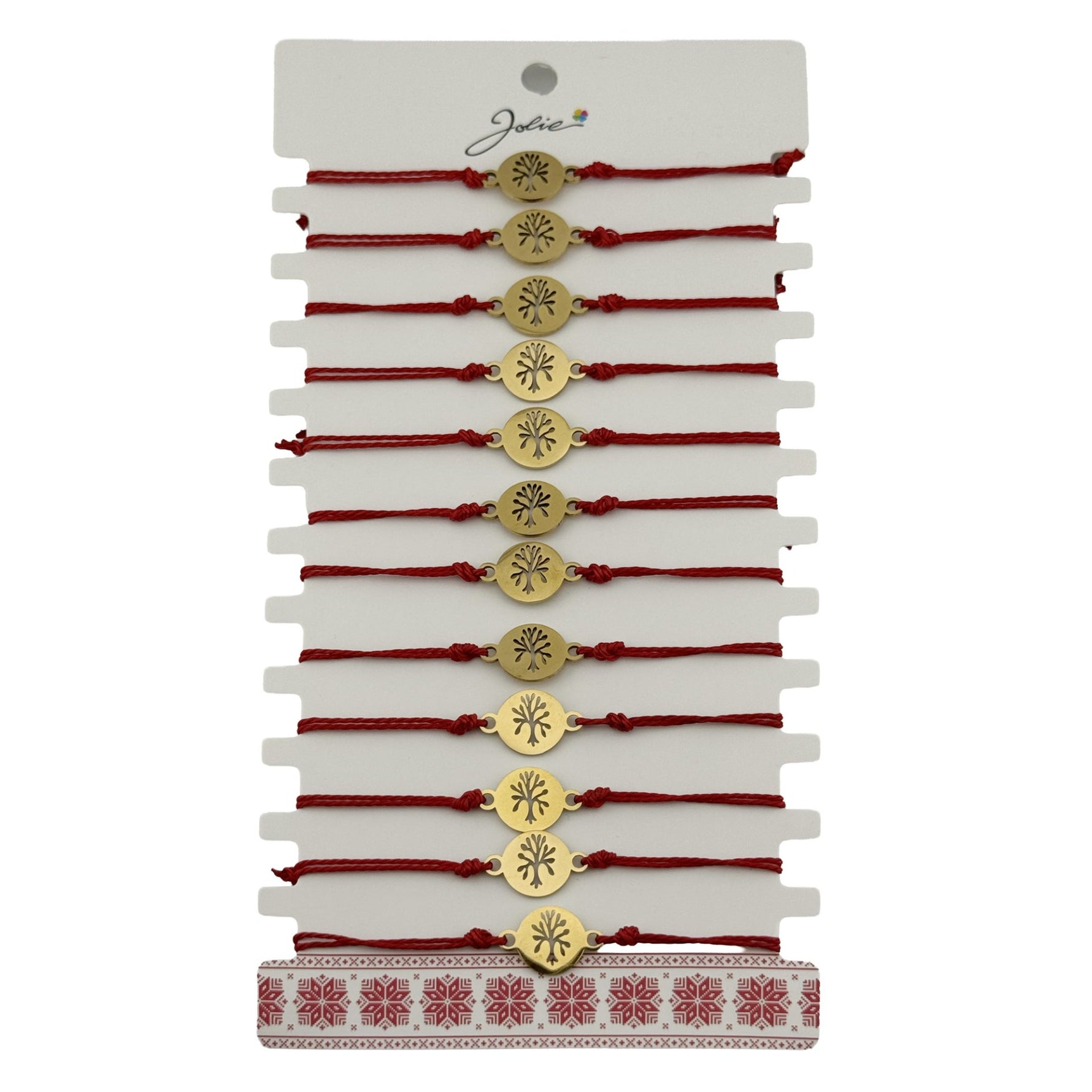 Bratara Martisor pentru Dama, Jolie, Model Copac, Set 12 bucati, Pandativ din Inox Auriu, Snur Ajustabil Impletit, Rosu