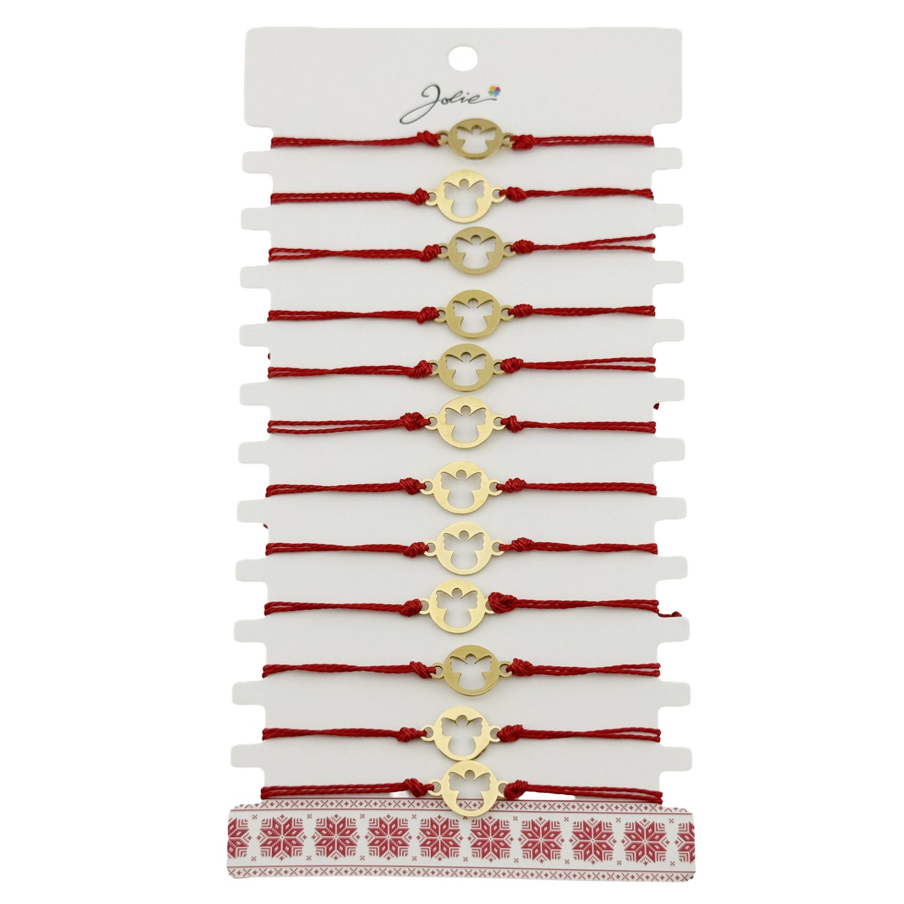 Bratara Martisor pentru Dama, Jolie, Model Inger, Set 12 bucati, Pandativ din Inox Auriu, Snur Ajustabil Impletit, Rosu