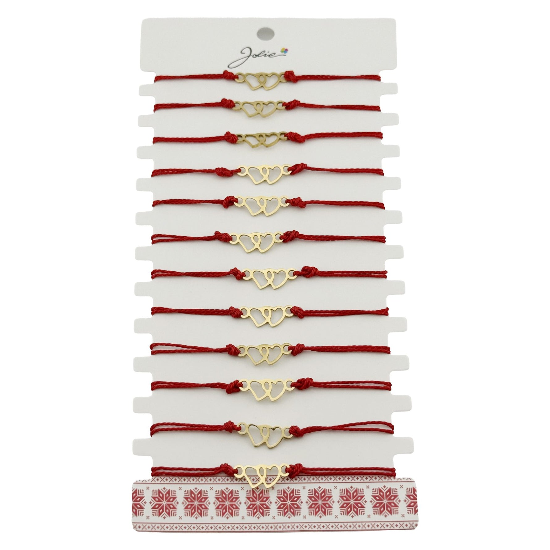 Bratara Martisor pentru Dama, Jolie, Model Inima, Set 12 bucati, Pandativ din Inox Auriu, Snur Ajustabil Impletit, Rosu