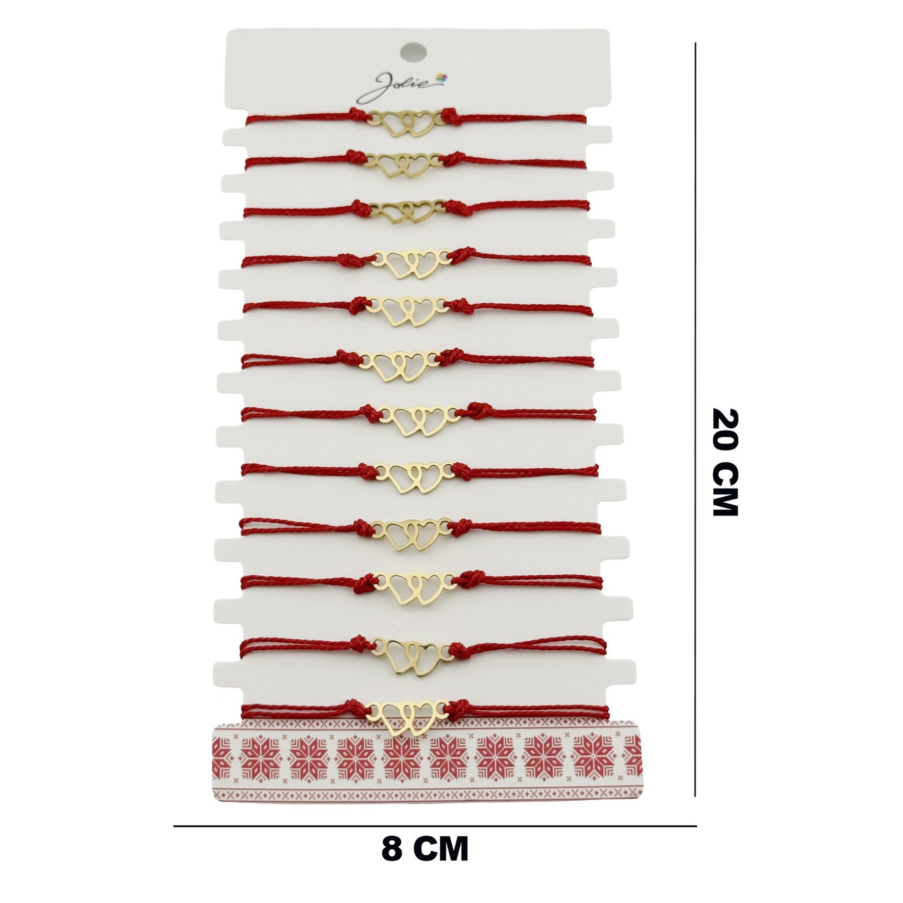 Bratara Martisor pentru Dama, Jolie, Model Inima, Set 12 bucati, Pandativ din Inox Auriu, Snur Ajustabil Impletit, Rosu
