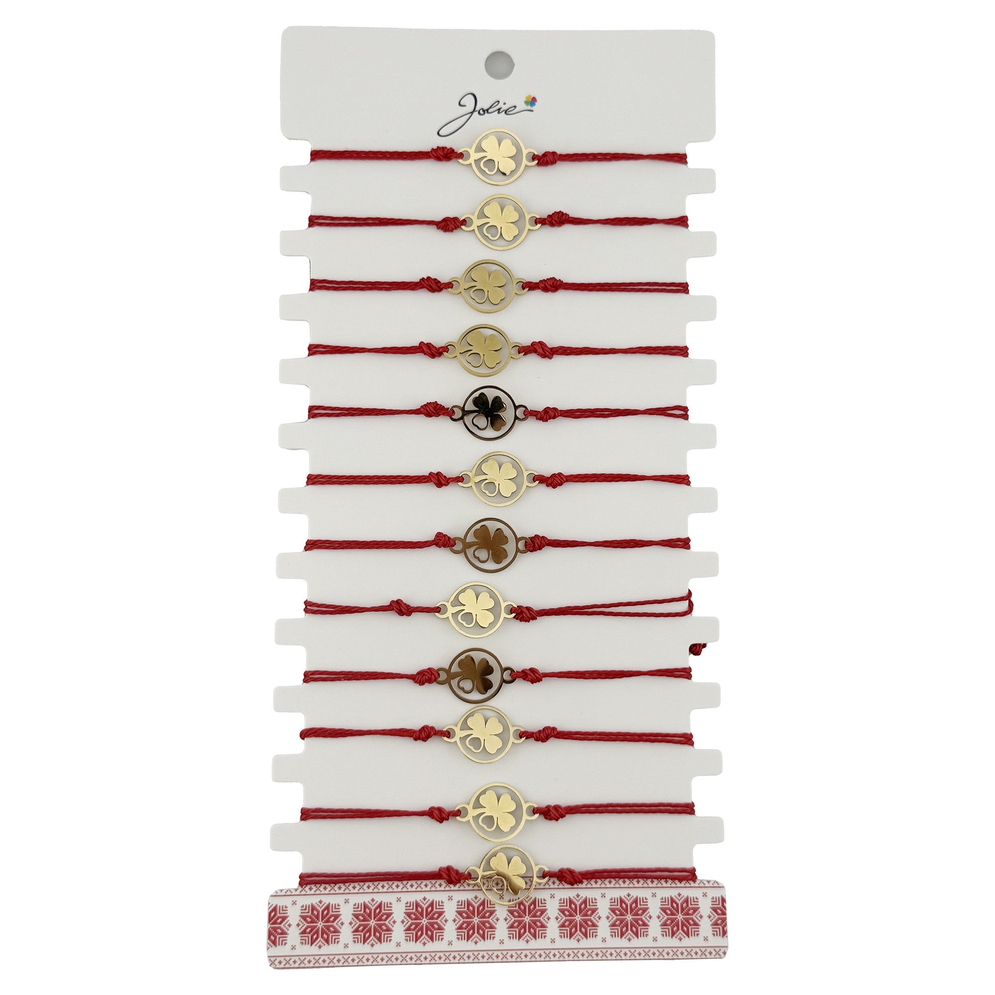 Bratara Martisor pentru Dama, Jolie, Model Trifoi cu Inima pe Petala, Set 12 bucati, Pandativ Auriu din Inox cu Snur