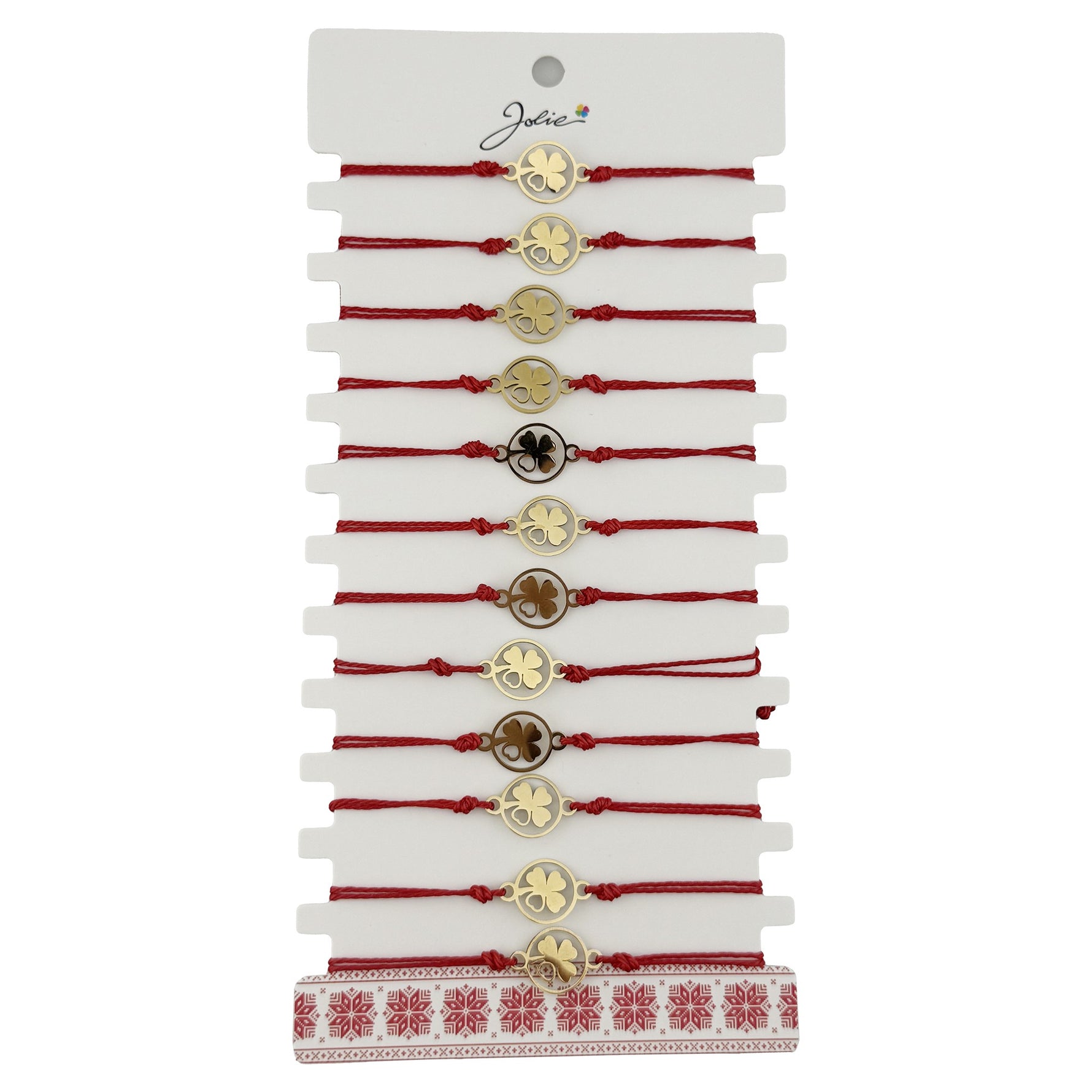 Bratara Martisor pentru Dama, Jolie, Model Trifoi cu Inima pe Petala, Set 12 bucati, Pandativ Auriu din Inox cu Snur