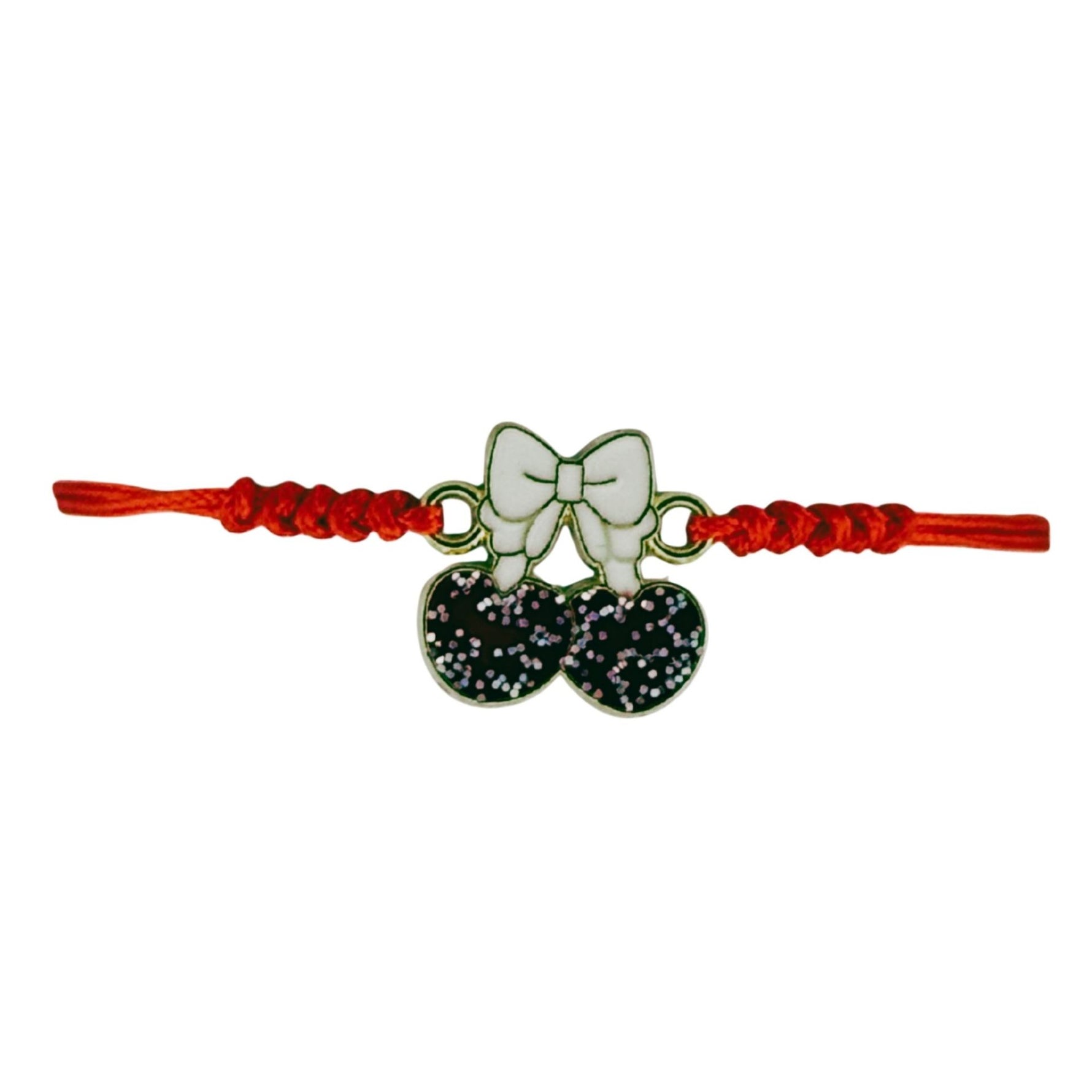 Martisor Bratara pentru Dama si Copii, Jolie, Model Cirese cu Fundita si Sclipici, Set 12 bucati, Pandantiv Emailat,