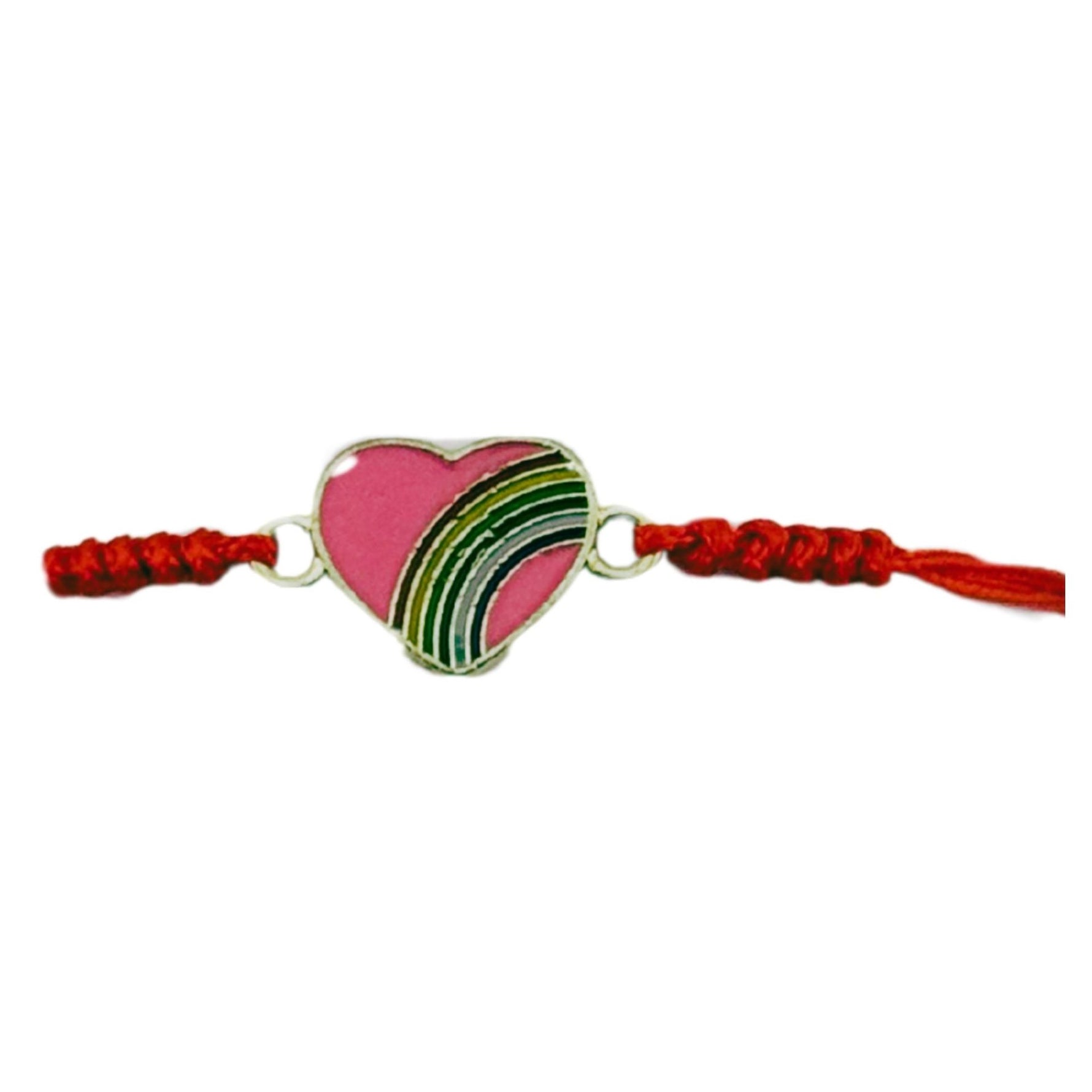 Martisor Bratara pentru Dama si Copii, Jolie, Model Inima cu Curcubeu Roz, Set 12 bucati, Pandantiv Emailat, Snur