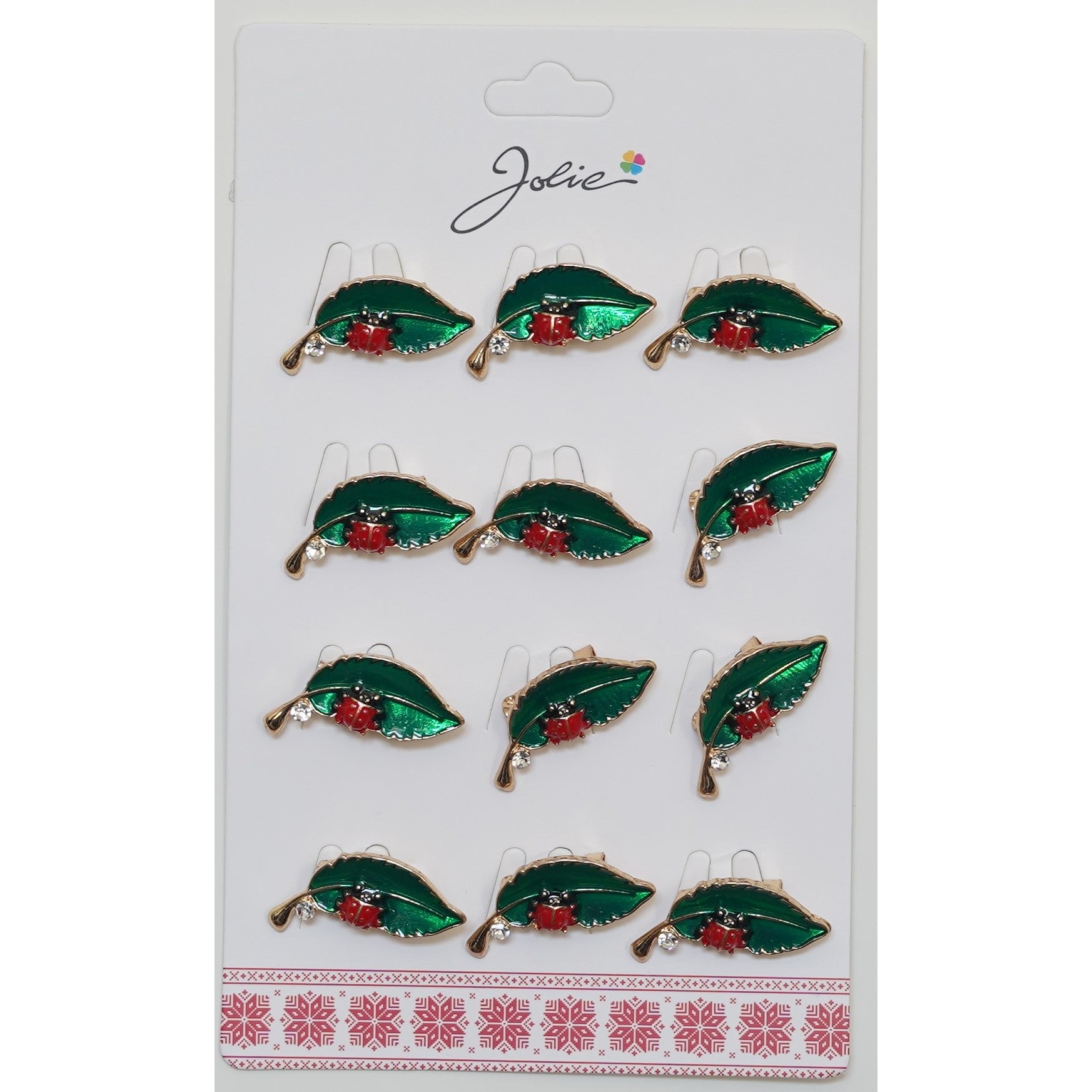 Brose Martisor, Jolie, Set 12 Bucati, Model Primavara Buburuza pe Frunza, Brose din Metal, Aspect Lacuit, Multicolor