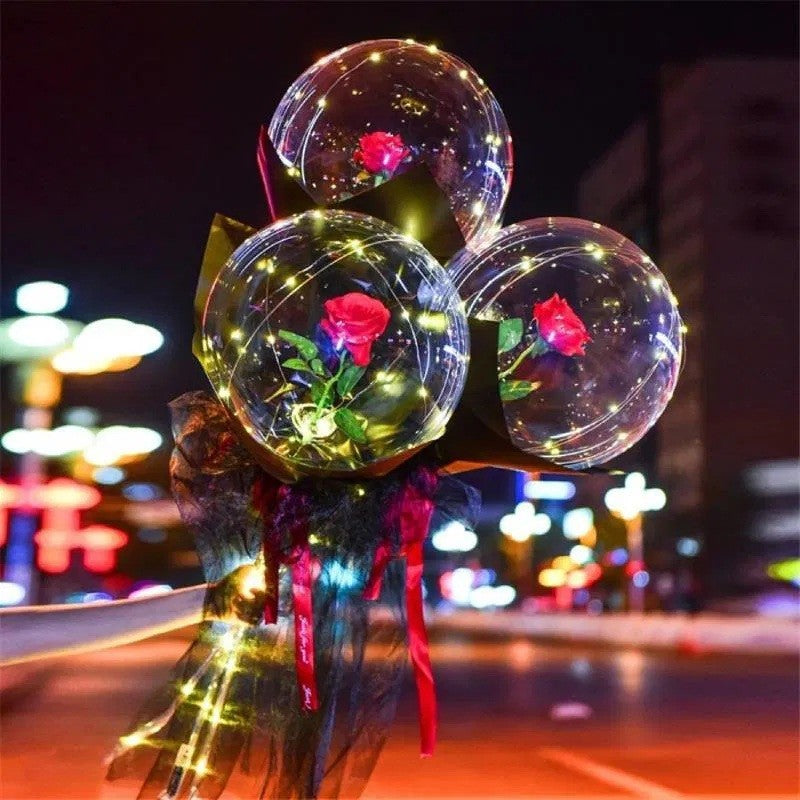 Set Buchet Decorativ, Flippy, Trandafir in Balon cu Lumini Led, Diametru 35 cm, 2 x Baterii AA (neincluse), Rosu/Negru