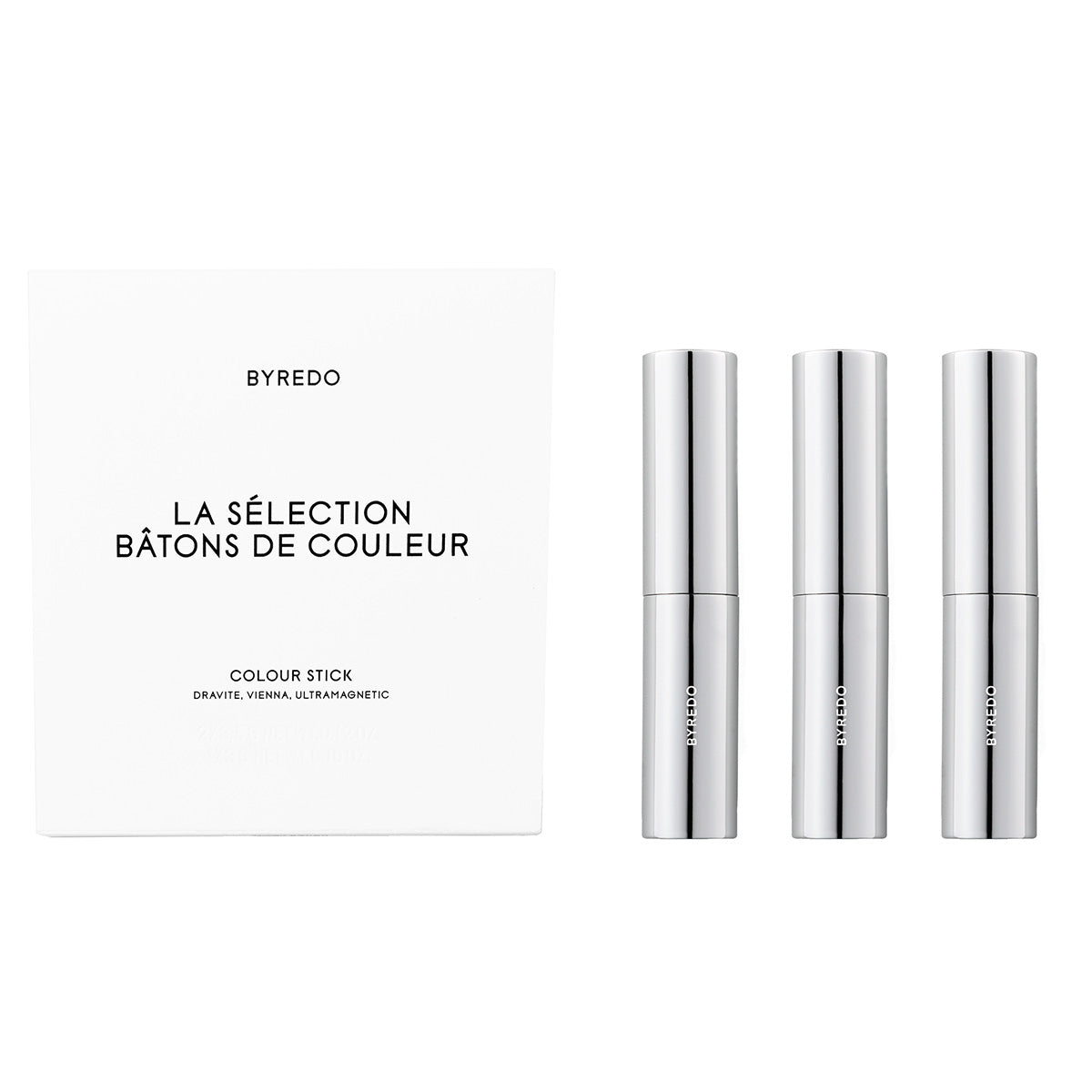 Set Byredo: Colour Stick, Multifunctional, Eyeshadow Stick, Dravite, 3.5 g + Colour Stick, Multifunctional, Eyeshadow Stick, Vienna, 3.5 g + Colour Stick, Multifunctional, Eyeshadow Stick, 580, Ultramagnetic, 3.5 g + Byredo, GWP Textile Pouch