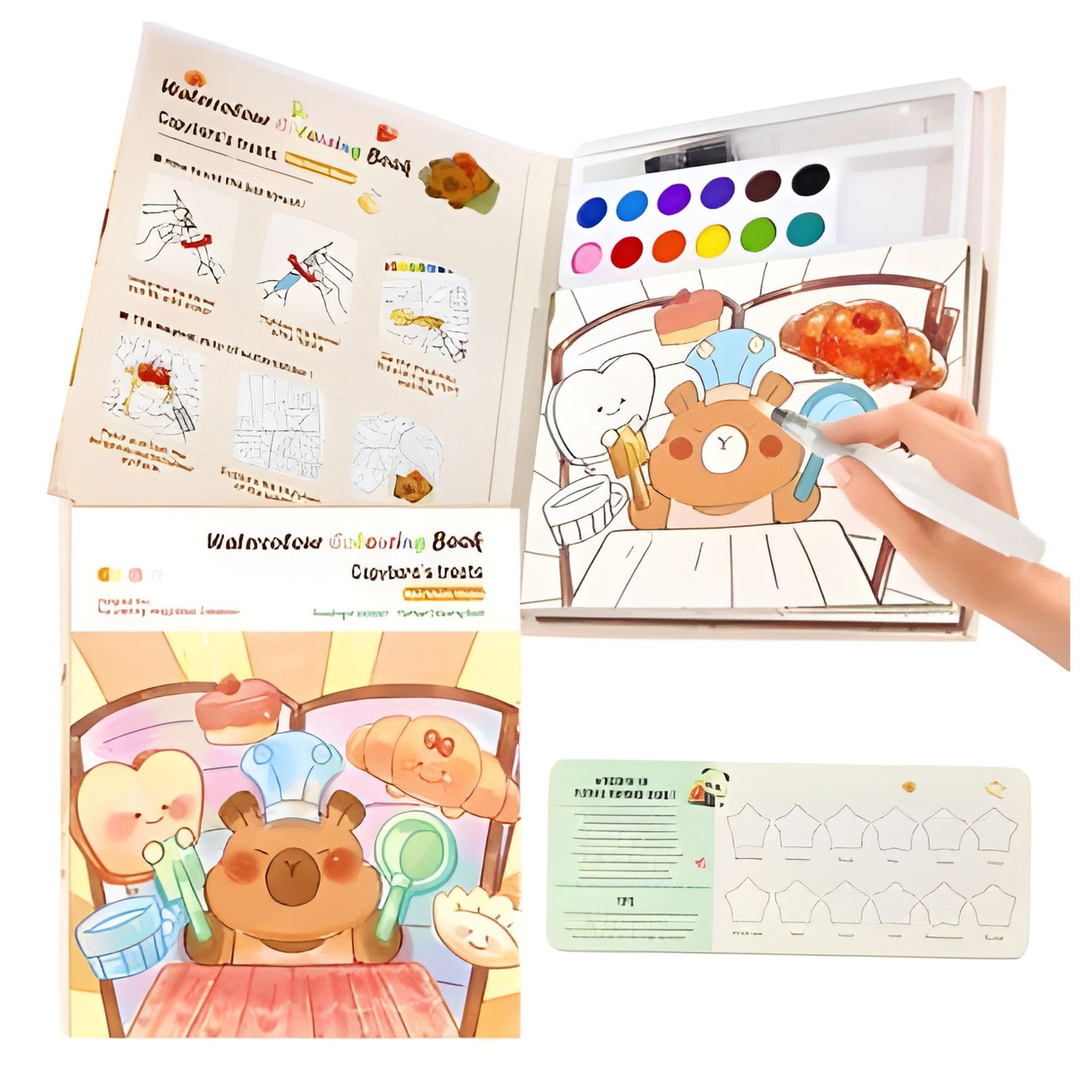 Carte de Colorat cu Acuarela, Flippy, Model Capibara, 20 Foi de Carton 200 gr, 12 Culori, 1 Pensula, 15.7 x 18.8 x 1.8