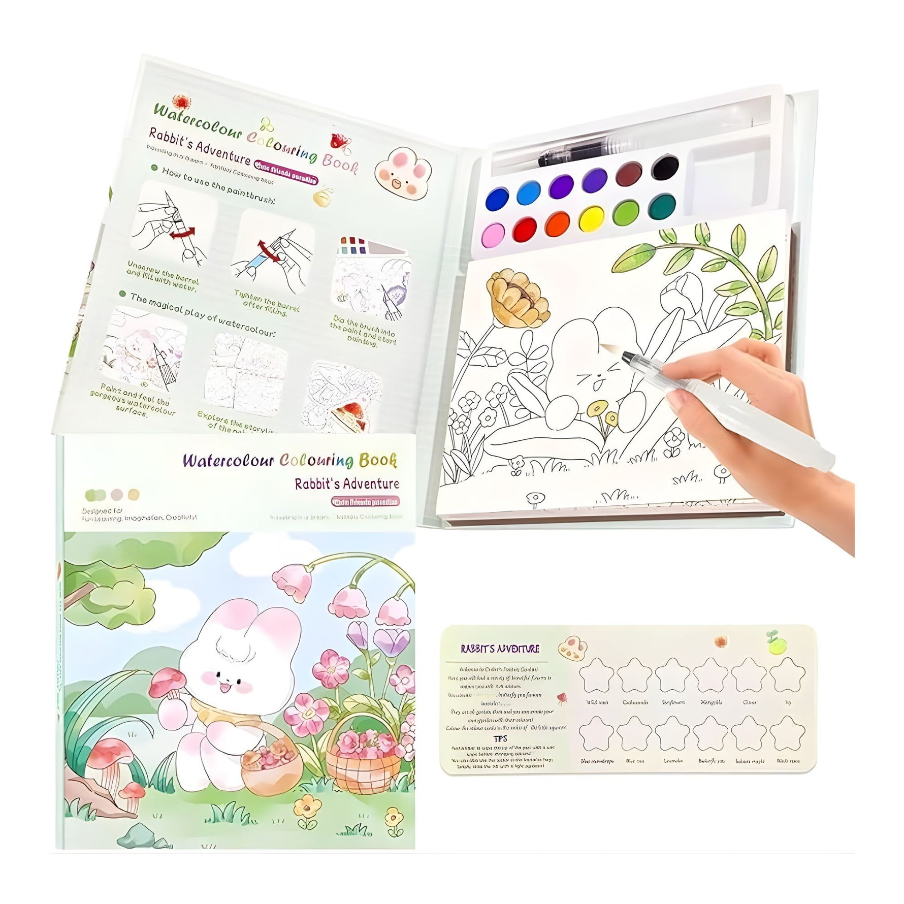 Carte de Colorat cu Acuarela, Flippy, Model Iepure, 20 Foi de Carton 200 gr, 12 Culori, 1 Pensula, 15.7 x 18.8 x 1.8
