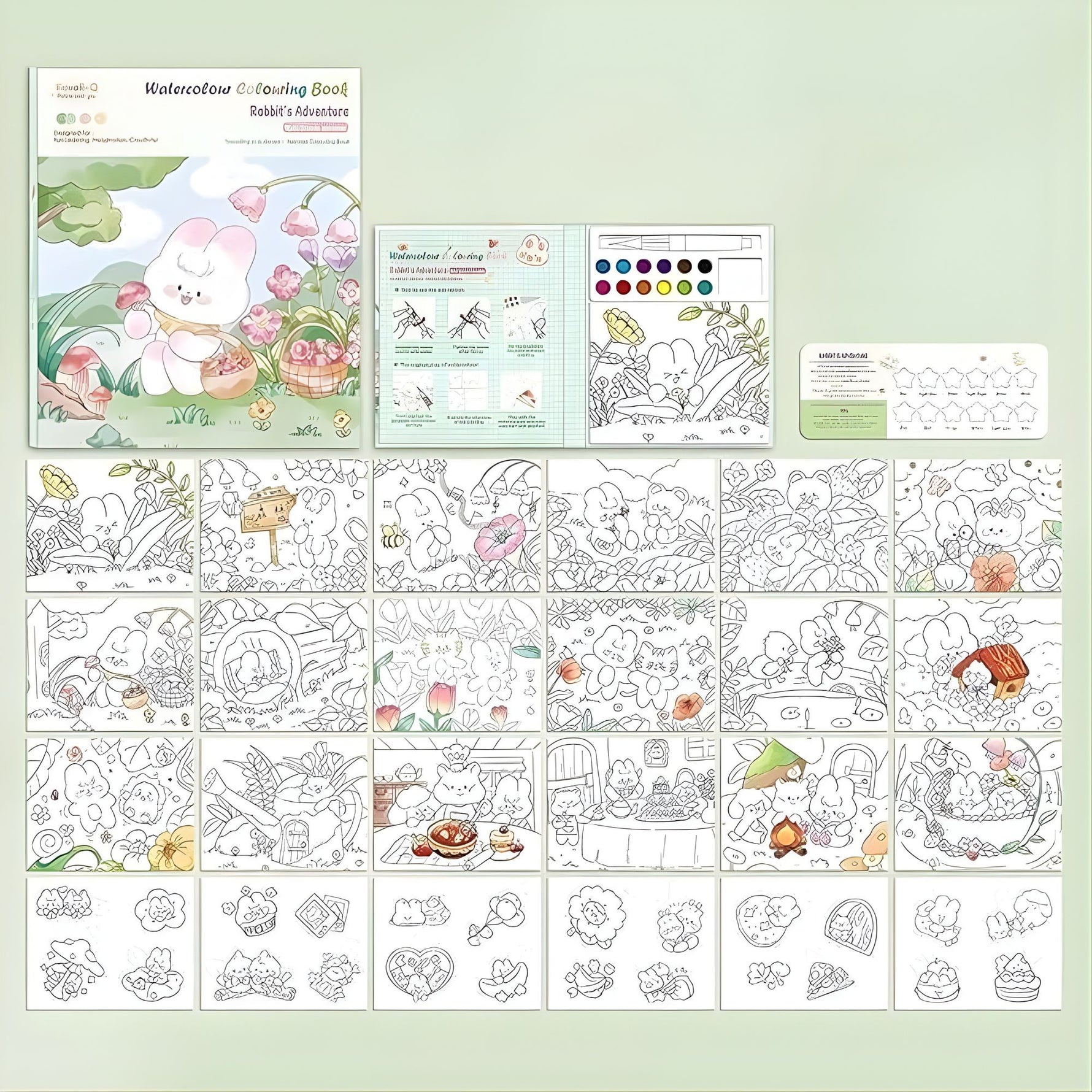 Carte de Colorat cu Acuarela, Flippy, Model Iepure, 20 Foi de Carton 200 gr, 12 Culori, 1 Pensula, 15.7 x 18.8 x 1.8