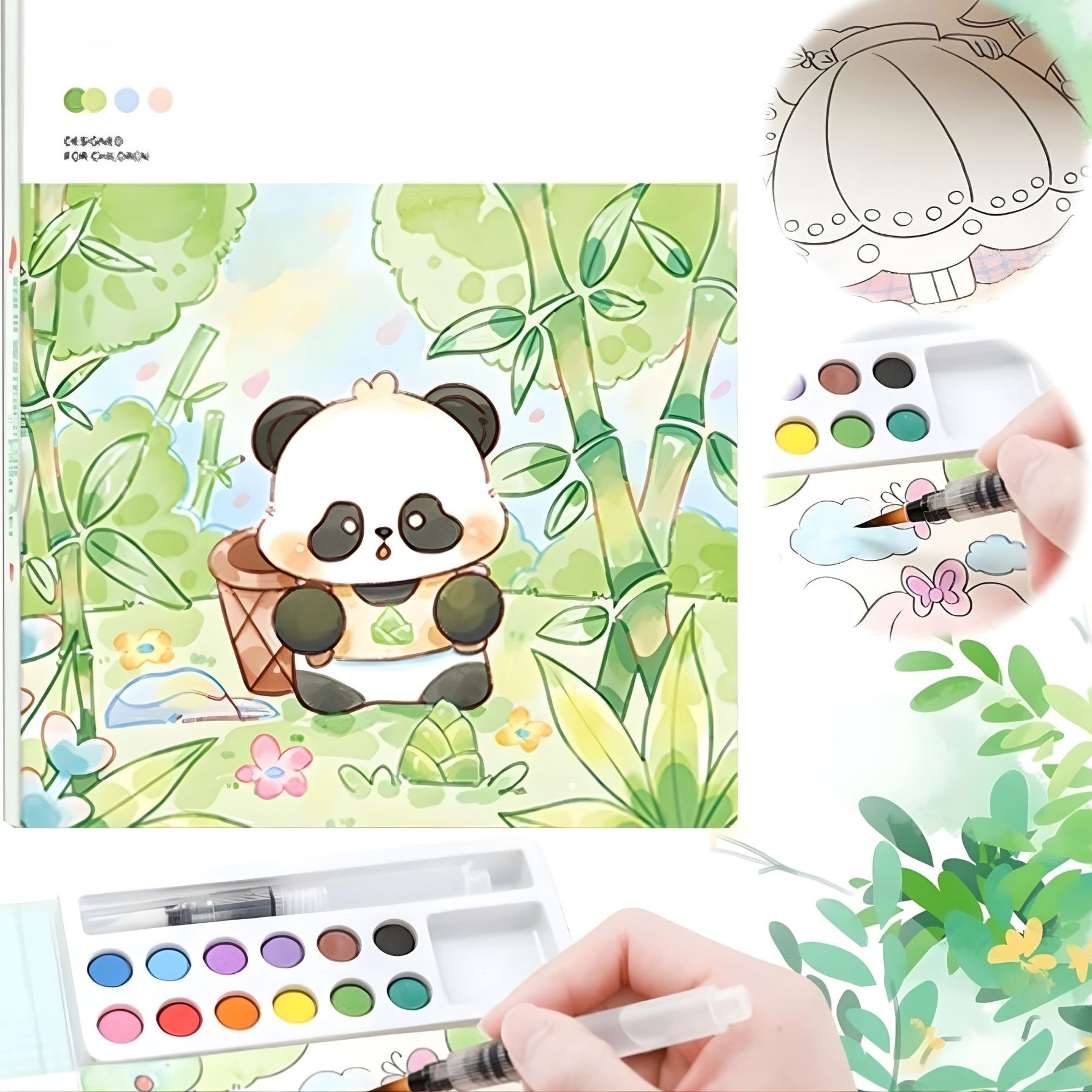 Carte de Colorat cu Acuarela, Flippy, Model Panda, 20 Foi de Carton 200 gr, 12 Culori, 1 Pensula, 15.7 x 18.8 x 1.8 cm,