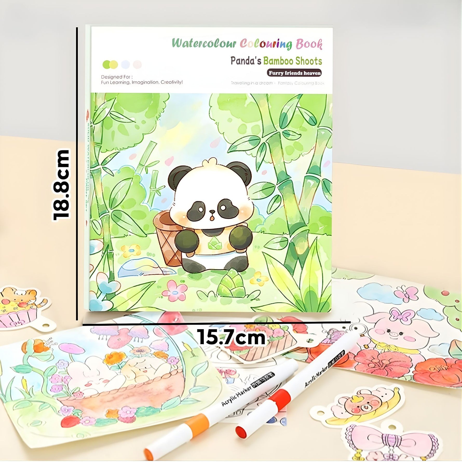 Carte de Colorat cu Acuarela, Flippy, Model Panda, 20 Foi de Carton 200 gr, 12 Culori, 1 Pensula, 15.7 x 18.8 x 1.8 cm,